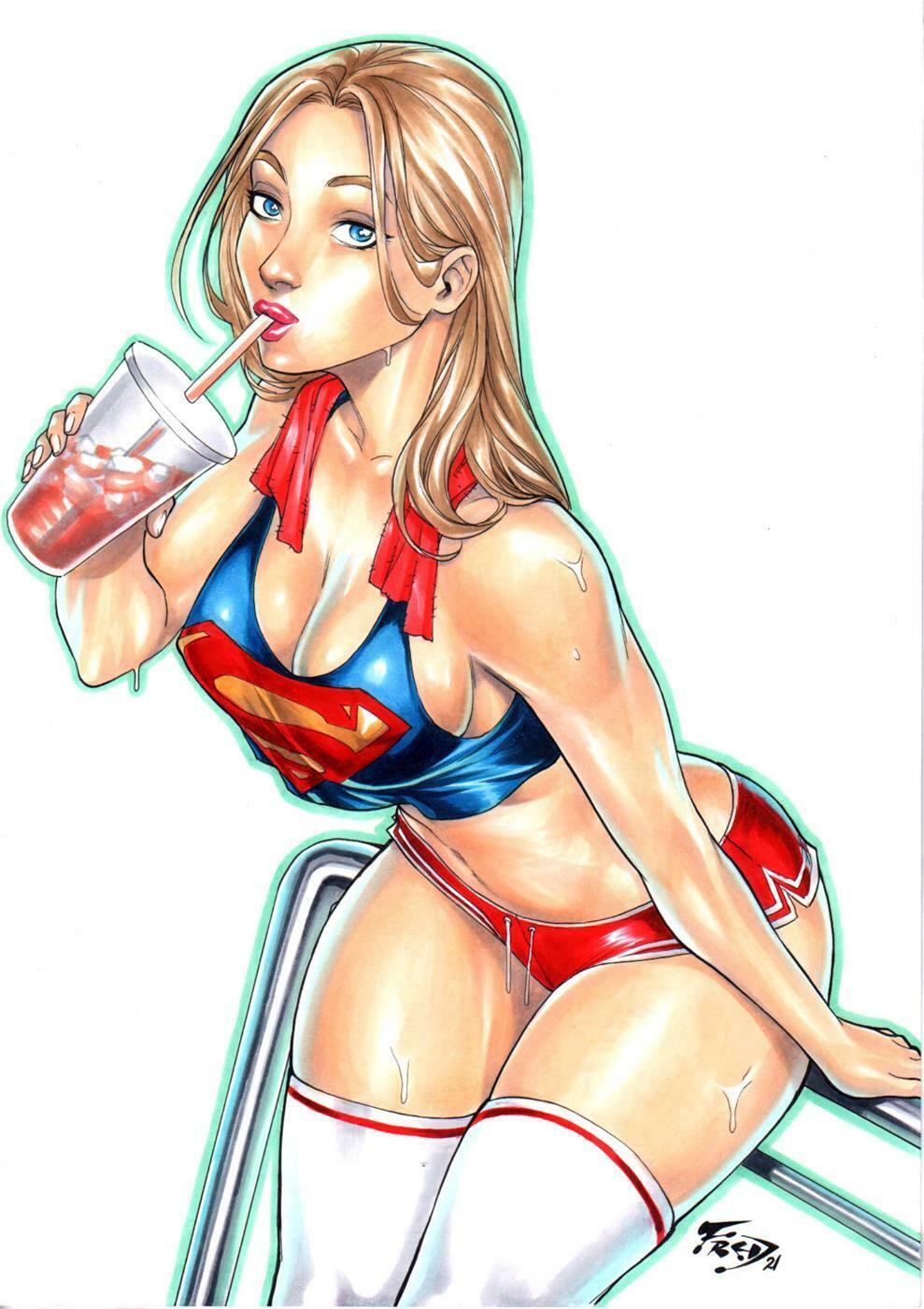 1girls, 2d, after workout, ass, big ass, big breasts, big butt, blonde hair, blue eyes, breasts, bubble ass, bubble butt, cute, dc, dc comics, drawn, drinking, ed benes studio, female, fred benes, kara danvers, kara zor-el, looking at viewer, minishorts, no bra, pink lipstick, pov, pov eye contact, shiny skin, sitting, socks, solo, stockings, straw, supergirl, superman (series), sweat, sweatdrop, wide hips, workout, workout clothes