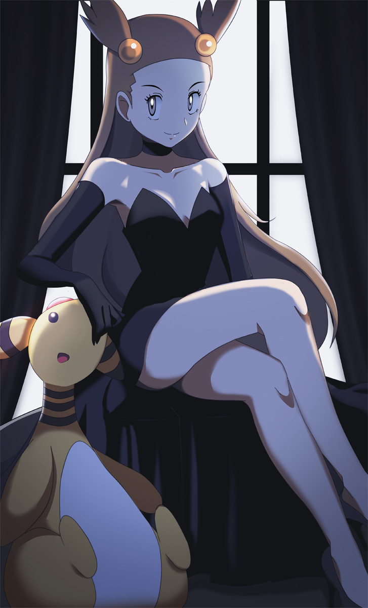 1girls, alternate costume, ampharos, breasts, dress, elbow gloves, female, gym leader, hair ornament, high heels, human, jasmine (pokemon), legs, long hair, looking at viewer, nintendo, pokemon, pokemon (species), pokemon gsc, seductive look, skirt, small breasts, vivivoovoo