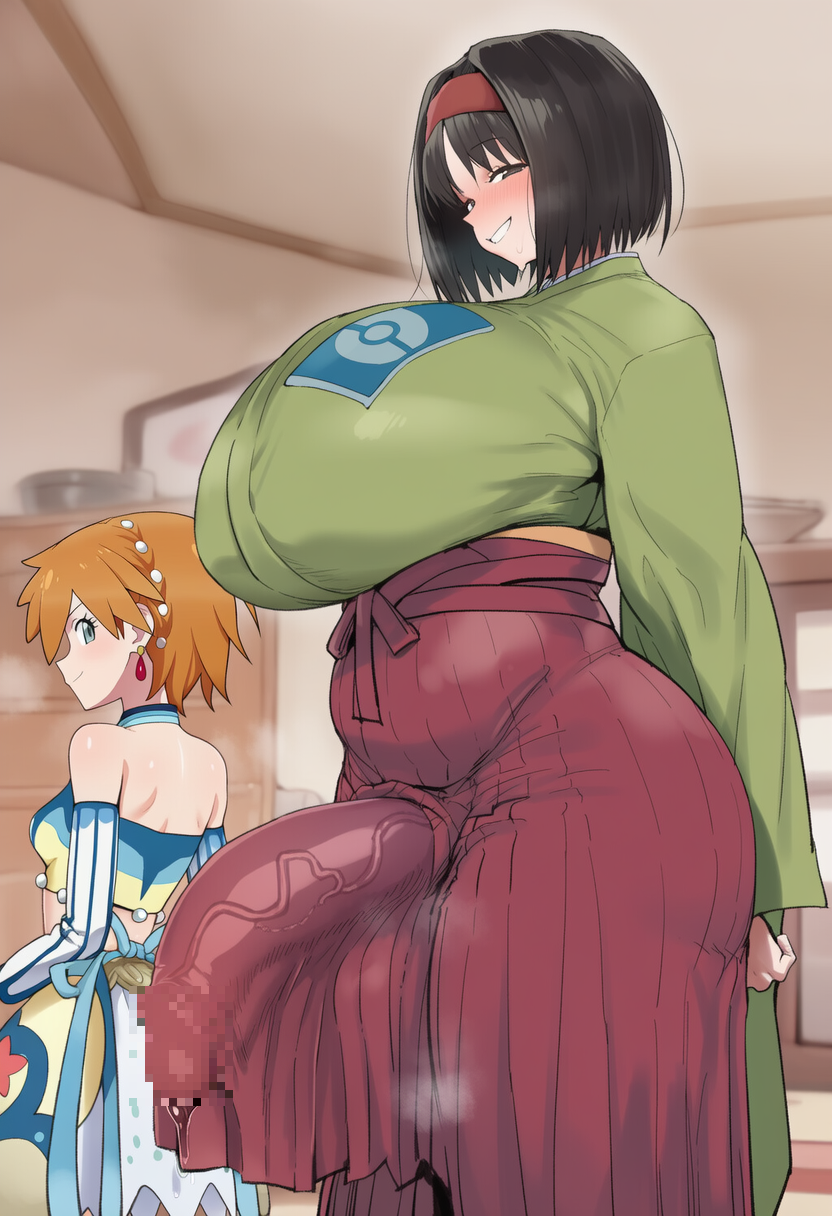 2girls, ai generated, alternative bust size, asymmetrical hair, bare shoulders, black eyes, black hair, blue eyes, blush, bodily fluids, breasts, closed mouth, clothing, earrings, erection, erika (pokemon), female, futanari, genital fluids, green kimono, grin, hairband, hakama, hakama skirt, headwear, huge breasts, huge cock, huge testicles, indoors, jewelry, kasumi (pokemon), kimono, large breasts, long sleeves, looking at viewer, looking back, multiple girls, orange hair, penis, poke ball print, poke ball theme, pokemon, pokemon character, ponytail, precum, red hairband, red hakama, robe, short hair, side ponytail, skirt, smile, standing, sygna suit misty, testicles, thighs, tied hair, traditional clothes, veins, veiny penis, wafuku