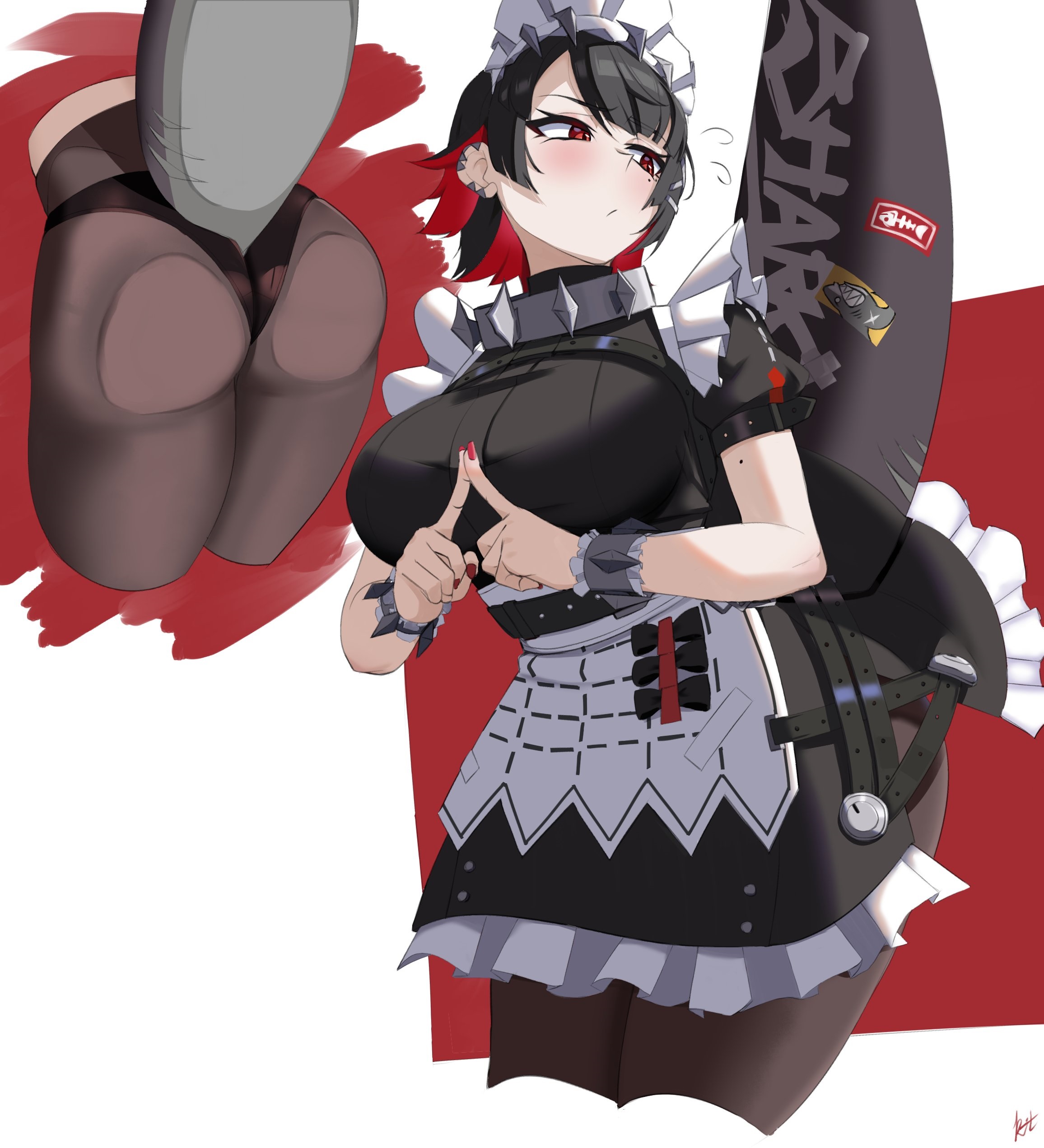 1girl, absurdres, ass, ass focus, black hair, black panties, black pantyhose, blush, breasts, clarkekitsp, colored inner hair, colored nails, commentary, ellen joe, fins, fish tail, from behind, hair ornament, hairband, highres, large breasts, large tail, long nails, maid, maid headdress, metal hairband, mole, mole on arm, mole under eye, multicolored hair, painted nails, panties, pantyhose, red background, red eyes, red hair, red nails, shark girl, shark tail, short hair, solo, spiked headband, tail, two-tone hair, underwear, untranslatable commentary, upper body, white background, zenless zone zero