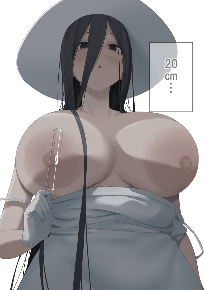 :o, 1girls, absurd res, areola measuring, areolae, aumann, black eyes, black hair, breasts, breasts out, clothes pull, curious, dress, dress pull, ghost, gloves, hair between eyes, hasshaku-sama, hat, highres, holding, holding object, huge breasts, japanese mythology, large areolae, large breasts, long hair, looking at viewer, looking down, mature, mature female, measurements, measuring, nipples, pale skin, ruler, simple background, solo, sun hat, upper body, very long hair, white background, white dress, white gloves, white hat