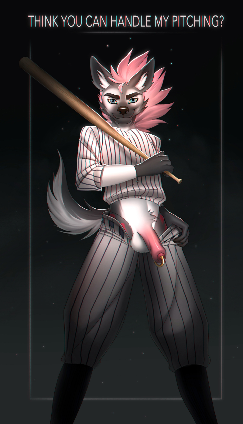 ambrose_stark anthro baseball_bat baseball_uniform bat_(object) clothed clothing dialogue digital_media_(artwork) english_text flaccid genital_piercing genitals grey_body hair hi_res holding_object hyaenid looking_at_viewer male mammal offering_self offering_to_viewer penis penis_piercing piercing pink_hair pinup pose presenting prince_albert_piercing pubes simple_background smile solo sportswear spotted_hyena talking_to_viewer text uniform vaalerie