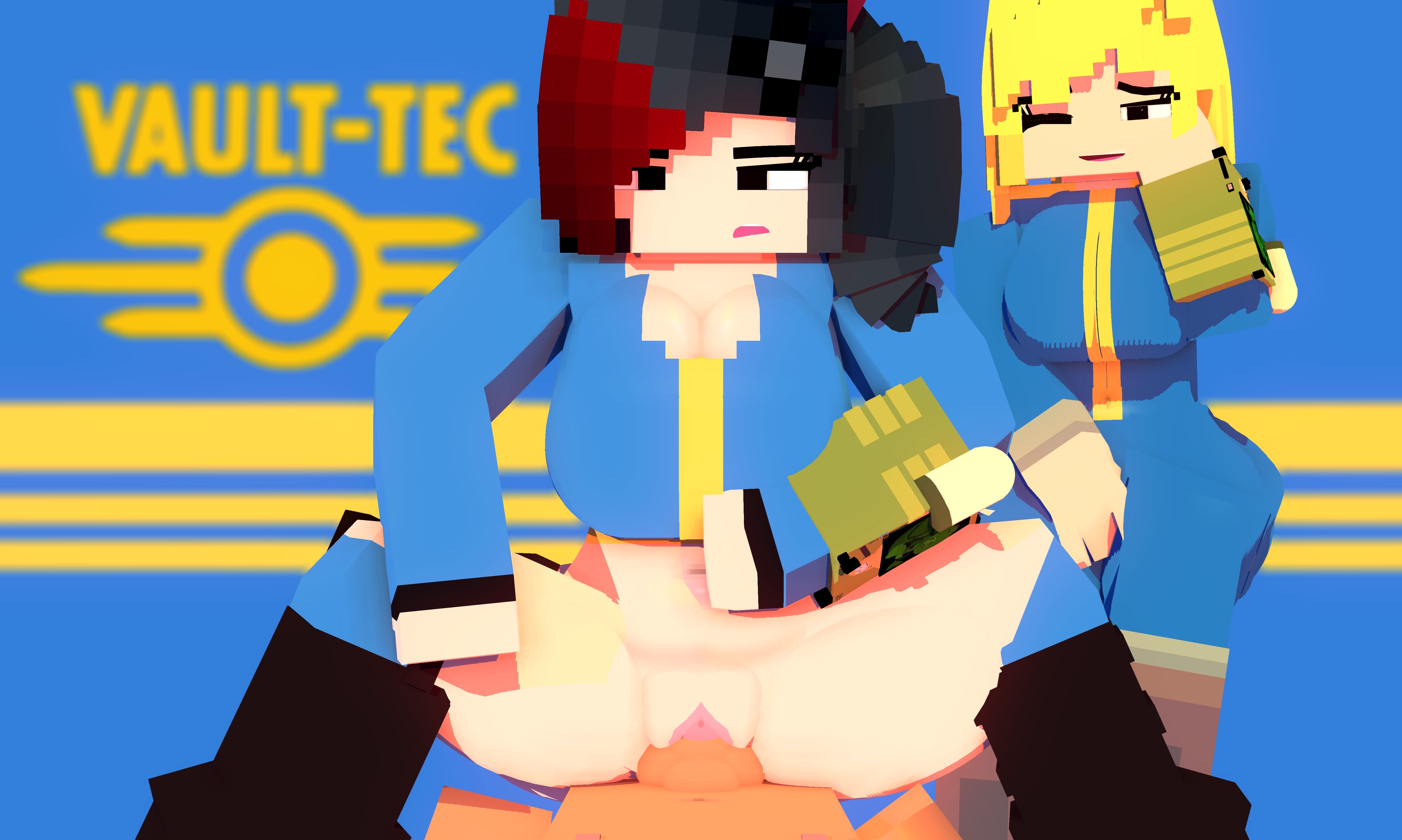 1boy, 2girls, 3d, black eyes, blonde hair, boots, breasts, character, clothed, clothing, commission, computer, crossover, electronics, ellie walls (odysseyellie), fallout, female, goth, goth girl, hd, horny, horny female, huge breasts, human, humanoid, jumpsuit, looking at another, looking at partner, looking at viewer, male, male/female, mine-imator, minecraft, multicolored hair, multiple females, multiple girls, odysseyellie, open clothes, pale skin, pip-boy, pov, pussy, sex, spiked hairband, squatting, straight, tagme, vaginal, vaginal penetration, vaginal sex, vault girl, vault suit, wristwear