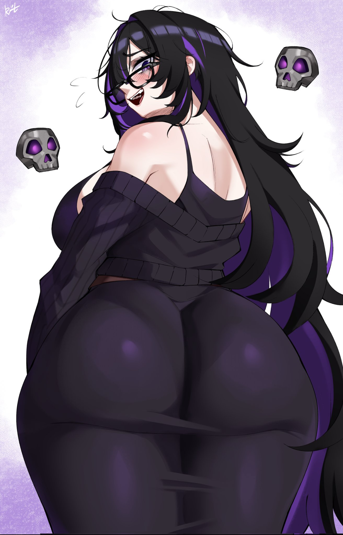 ass bigger than head, back side, backview, big ass, big butt, big thighs, black clothing, black hair, breasts bigger than head, busty, clarkekitsp, clothed, curves, cute, cute face, female, female focus, female only, fully clothed, glasses, goddess of victory: nikke, head turned, label (nikke), looking at viewer, pale skin, purple eyes, sexy, sexy body, shirt on shoulders, shy, shy expression, sideboob, solo, solo female, solo focus, thick, thick ass, thick thighs, tight clothing