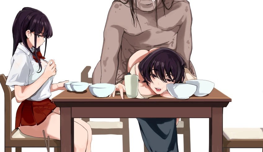 1boy, 2girls, altered common sense, bent over, bent over table, change in common sense, common sense change, daughter (lore), duo, duplicate, female, happy trance, human, komi shouko, komi shuuko, komi-san wa komyushou desu, male, male/female, mamimi (artist), mamimi (mamamimi), mammal, milf, mother, mother (lore), mother and child (lore), mother and daughter, mother and daughter (lore), parent (lore), parent and child (lore), parent and daughter (lore), questionable consent, rape, sex, solo focus, ugly bastard, ugly man, unaware, unaware hypnosis