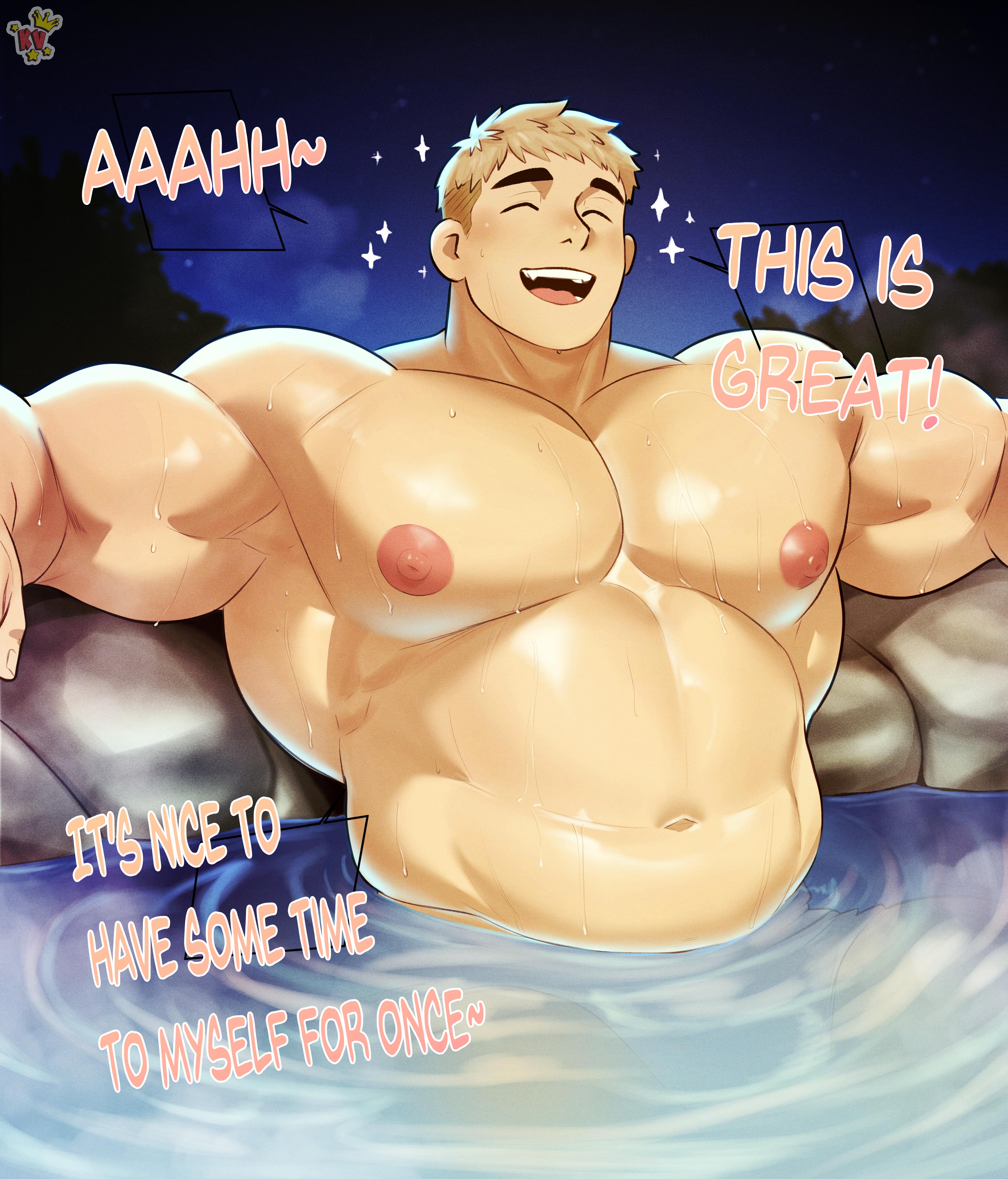 blonde hair, bodybuilder, dungeon meshi, high resolution, highres, hotsprings, kingdom velvet, laios touden, male, male only, muscles, muscular, muscular arms, muscular male, nipples, pecs, thick thighs