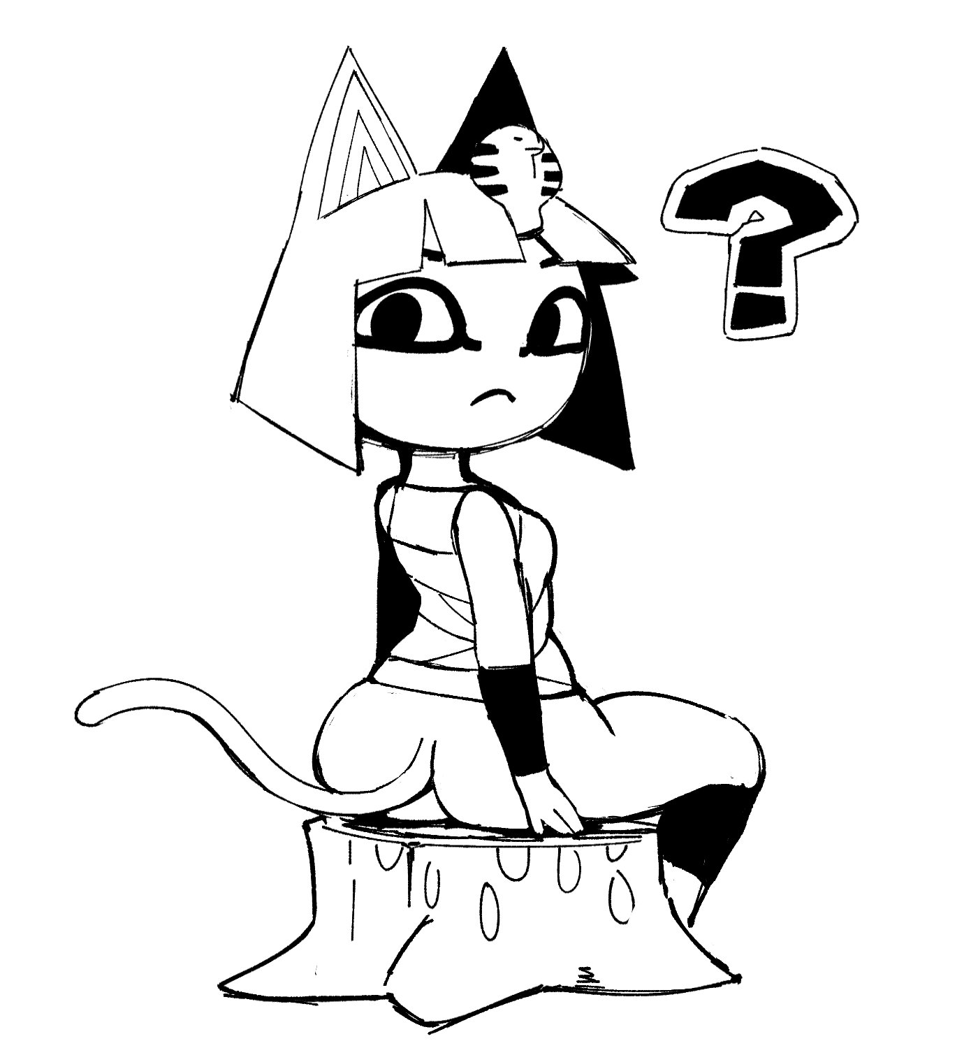 animal crossing, ankha, ankha (animal crossing), anthro, ass, black eyes, bottomless, cat ears, cat girl, cat tail, clothing, felid, feline, felis, female, female focus, female only, fur, furry, furry only, looking at viewer, looking back, monochrome, nintendo, noill, partially clothed, sitting, solo, tail, topwear