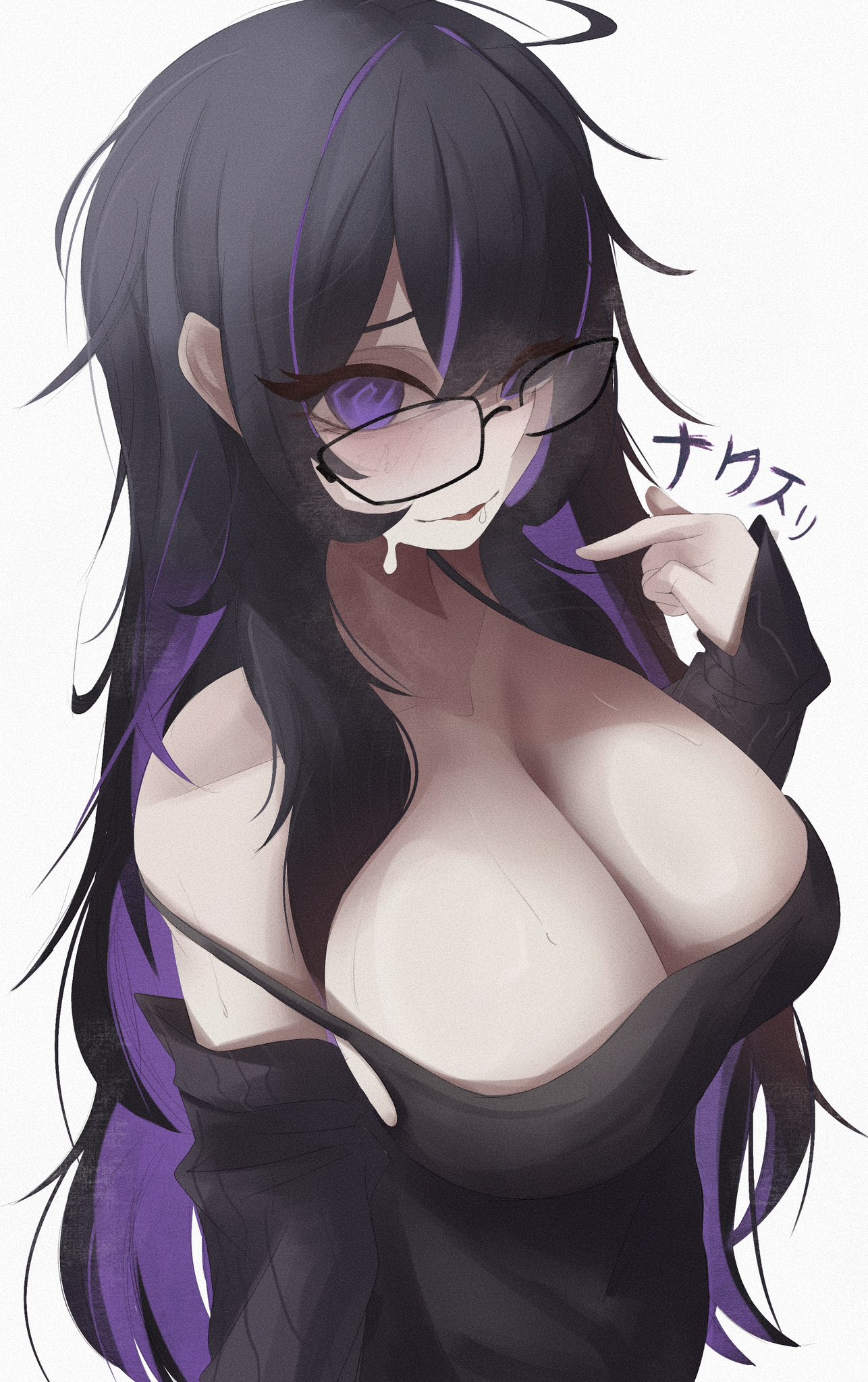 @ @, 1girls, bare shoulders, black dress, black glasses, breasts, cleavage, colored inner hair, dress, dress strap slip, female, glasses, goddess of victory: nikke, label (nikke), large breasts, long hair, looking at viewer, messy hair, multicolored hair, naxless, no bra, no bra under clothes, purple eyes, simple background, sole female, solo, solo female, solo focus, strap slip, translation request, two-tone hair, white background