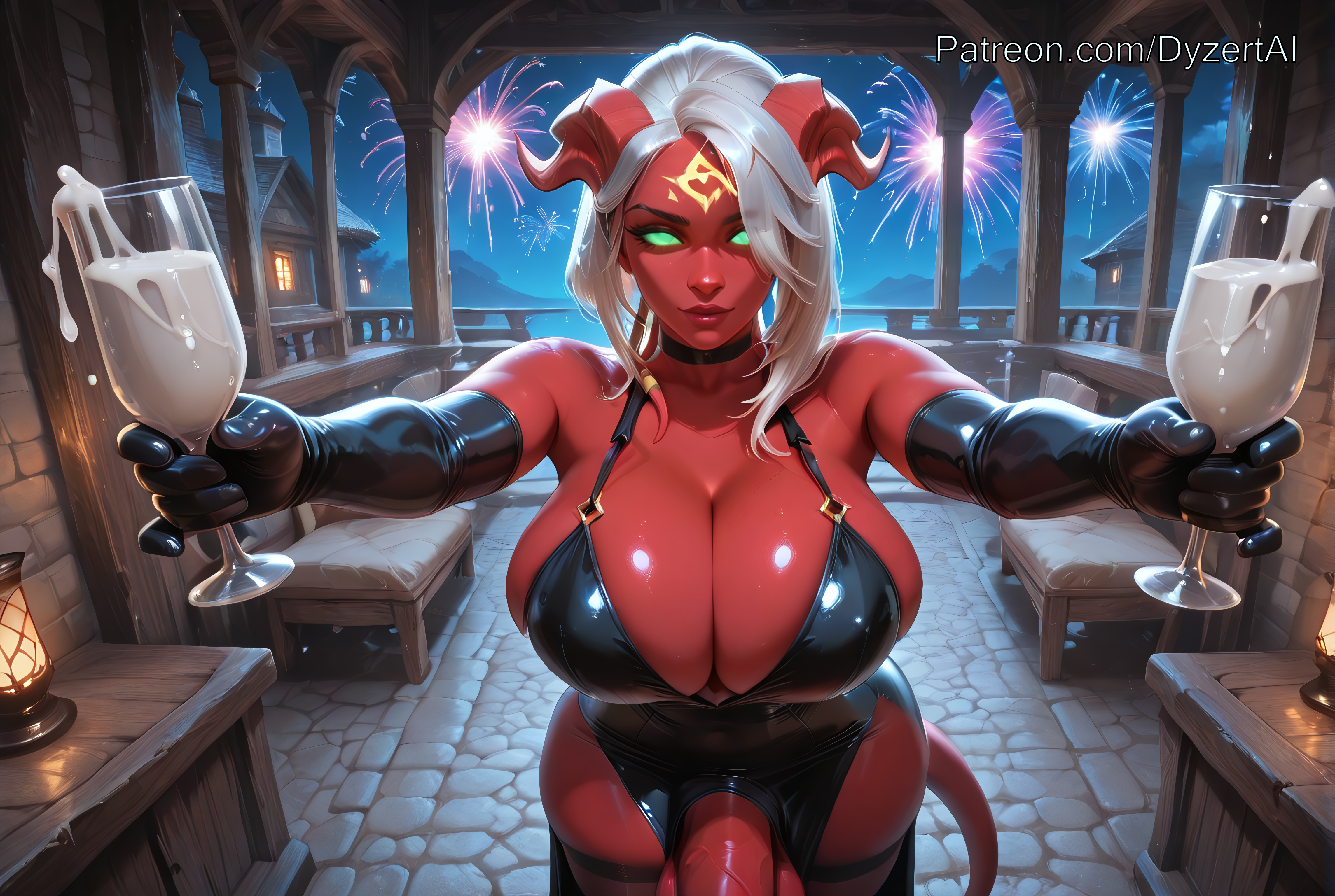 1futa, 2026, ai generated, balls, bare thighs, bed, bedroom, breasts, choker, cleavage, cock, cum, cum in container, cum in glass, draenei, draenei futa, dress, dyzertai, eredar, eredar futa, fireworks, futa only, futanari, glasses, gloves, green eyes, holding object, hooves, horns, huge balls, huge breasts, huge cock, huge testicles, indoors, looking at viewer, night, penis, pointy ears, red body, red skin, self upload, solo, tail, testicles, thighhighs, thighs, tight clothing, tight dress, white hair, world of warcraft