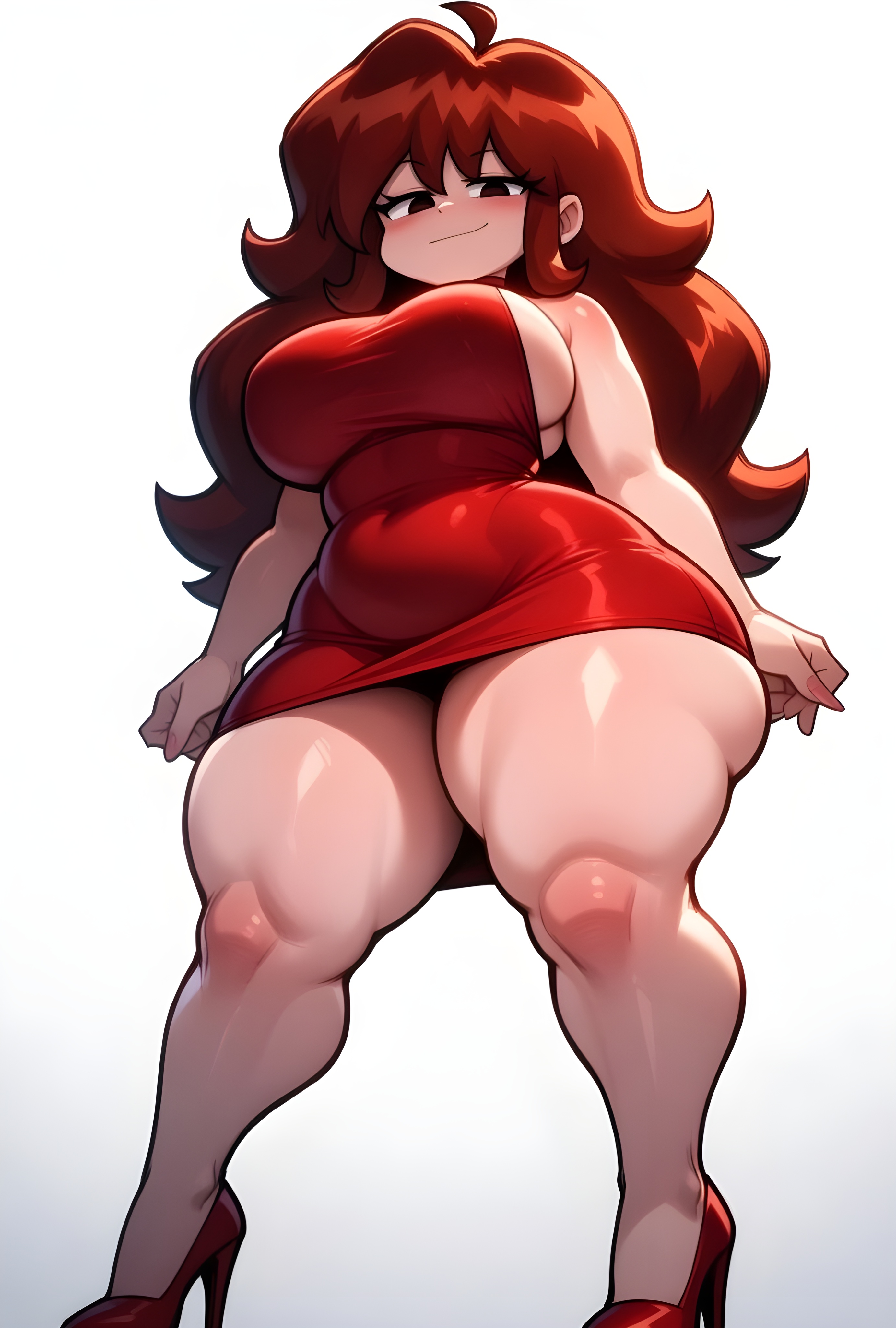 1girls, ai generated, auburn hair, belly bulge, big ass, big breasts, big butt, brasil louco, bubble ass, bubble butt, female, female only, friday night funkin, full body, fully clothed, girlfriend (friday night funkin), high heels, huge breasts, looking at viewer, looking down, seducing, seducing viewer, seductive, seductive look, seductive pose, seductive smile, sexy, sexy body, sexy pose, shortstack, simple background, solo, solo female, solo focus, tagme, thick calves, thick thighs, tight clothing, tight dress, white background