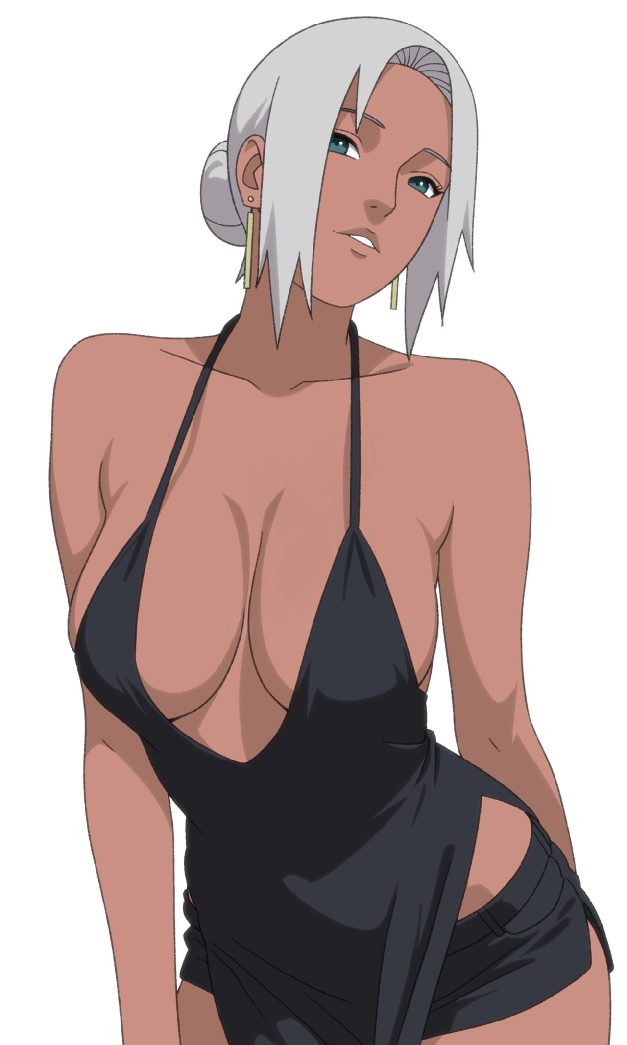 1girls, accurate art style, alternate costume, big breasts, breasts, brown skin, busty, cleavage, clothing, dark skin, dark-skinned female, dress, female, female only, hair bun, halter dress, hourglass figure, huge breasts, kiripetals, large breasts, mabui, mature, mature female, naruto, naruto (series), naruto shippuden, oppai, pinup, plain background, plump, revealing clothes, sagging breasts, shy, simple background, single hair bun, skimpy, skimpy clothes, solo, swept bangs, tied hair, top heavy, top heavy breasts, voluptuous, voluptuous female, white background, white hair