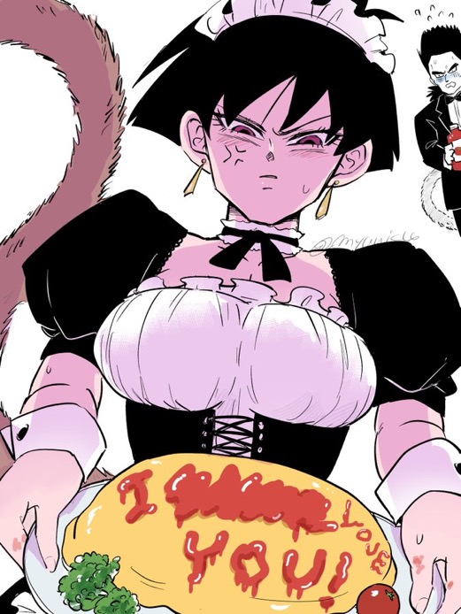 2d, 2d (artwork), angry, angry expression, angry eyes, angry face, angry female, artist request, cleavage, clothed, dragon ball, dragon ball super, dragon ball z, female, maid, maid uniform, saiyan, saiyan female, saiyan tail, seripa