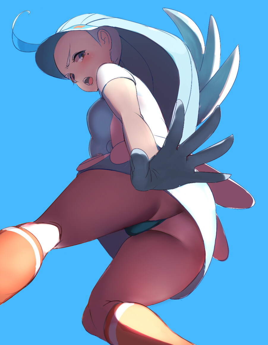1girls, ass, blue eyes, blue hair, blue panties, blue thong, blush, cold air, elite four, female, female only, from below, game freak, human, kahili (pokemon), kneehighs, looking at viewer, looking down, mole, mole under eye, nintendo, panties, pokemon, pokemon sm, solo, standing, tagme, thighs, thong, upskirt