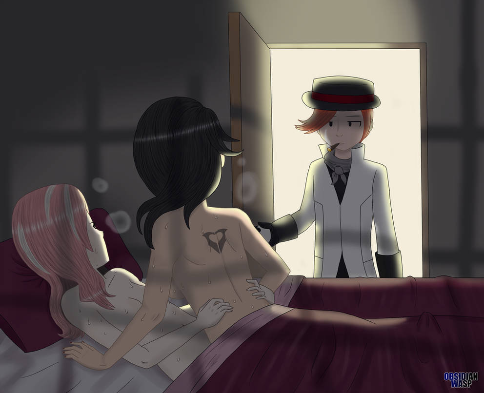 back_tattoo bedroom_setting bowler_hat caught caught_in_the_act cheating cheating_girlfriend cinder_fall implied_sex neo_(rwby) obsidianwasp roman_torchwick rwby suit yuri