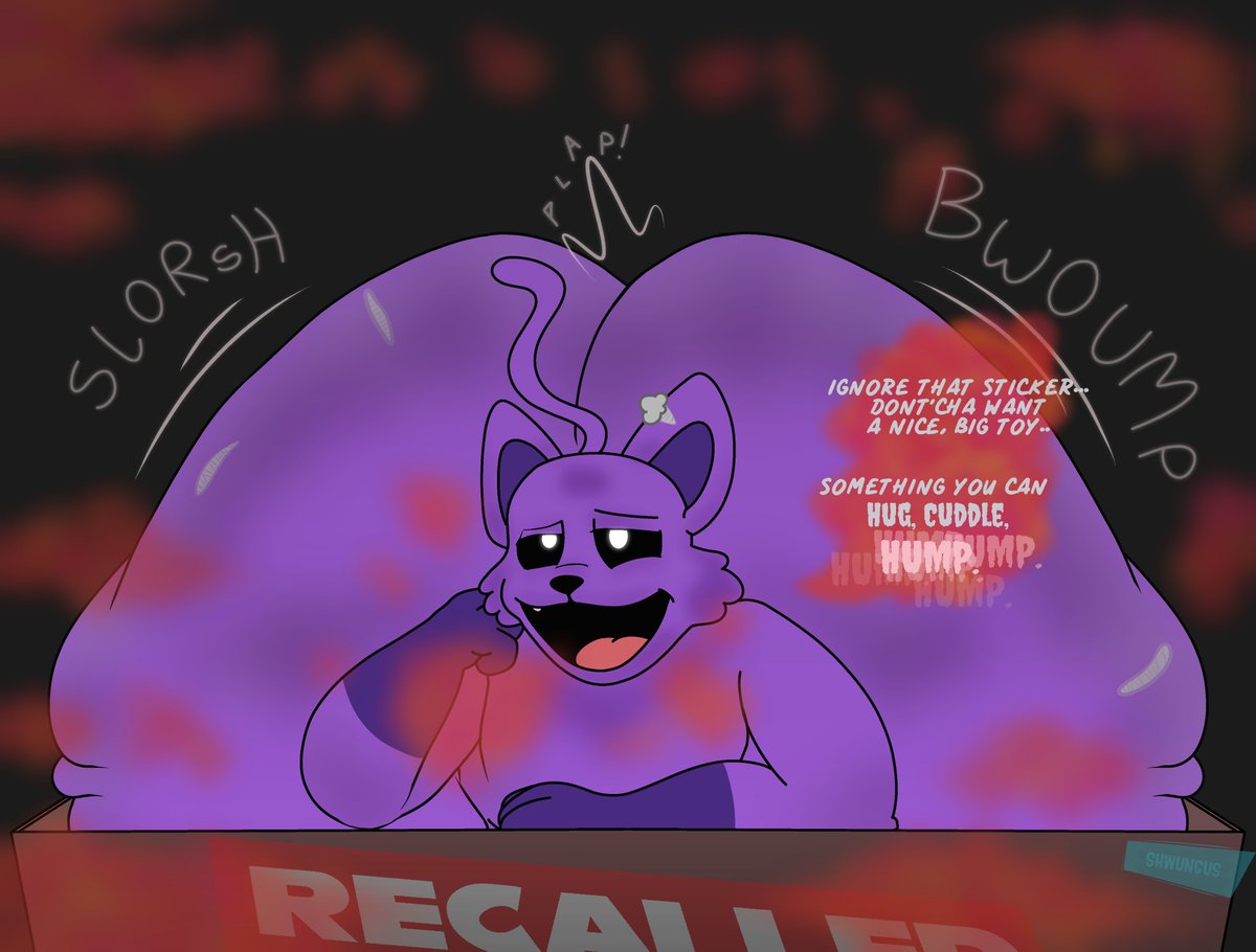 1boy, anthro, arm tuft, arm up, ass, big ass, big butt, black eyes, bottom heavy, box, bubble ass, bubble butt, butt, catnap (poppy playtime), critters (poppy playtime), dialogue, digital art, digital drawing (artwork), digital media (artwork), domestic cat, fanart, feline, gigantic ass, gigantic butt, half-closed eyes, hand on cheek, horror game, huge ass, hyper, hyper ass, hyper butt, jiggling ass, looking away, luzlanlombraps, male, male only, massive ass, massive butt, mob entertainment, no humans, open mouth, poppy playtime, purple fur, raised tail, shwungus, smiling critters, solo, tail, text, text bubble, thighs, tuft