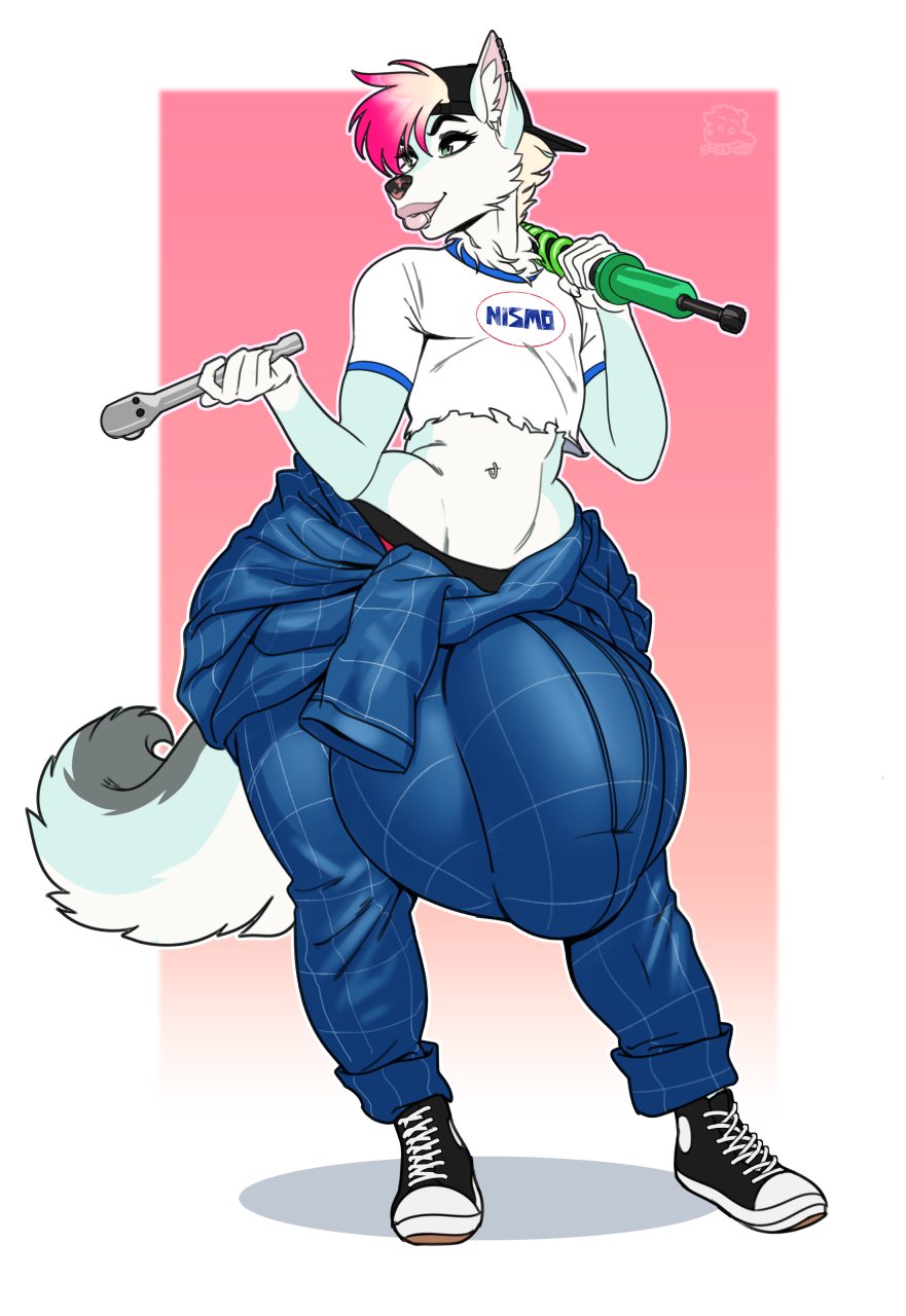 2021 anthro backwards_baseball_cap baseball_cap big_bulge big_lips big_tail blue_shirt boosterpang bulge canine checkered_shirt cropped_shirt dog_tail ear_fluff eyelashes femboy fluffy_tail front_view full_body furry girly hung_trap hyper hyper_bulge hyper_cock_femboy hyper_penis inguinal_ligament kay-kay_(kaibawolf) lip_piercing lips looking_aside looking_to_the_side love_handles lowleg male male_only mechanic midriff navel_piercing navel_ring piercing pogo_stick repair shirt_around_waist short_sleeves sneakers solo t-shirt thick_lips white_fur white_shirt wide_hips wrench