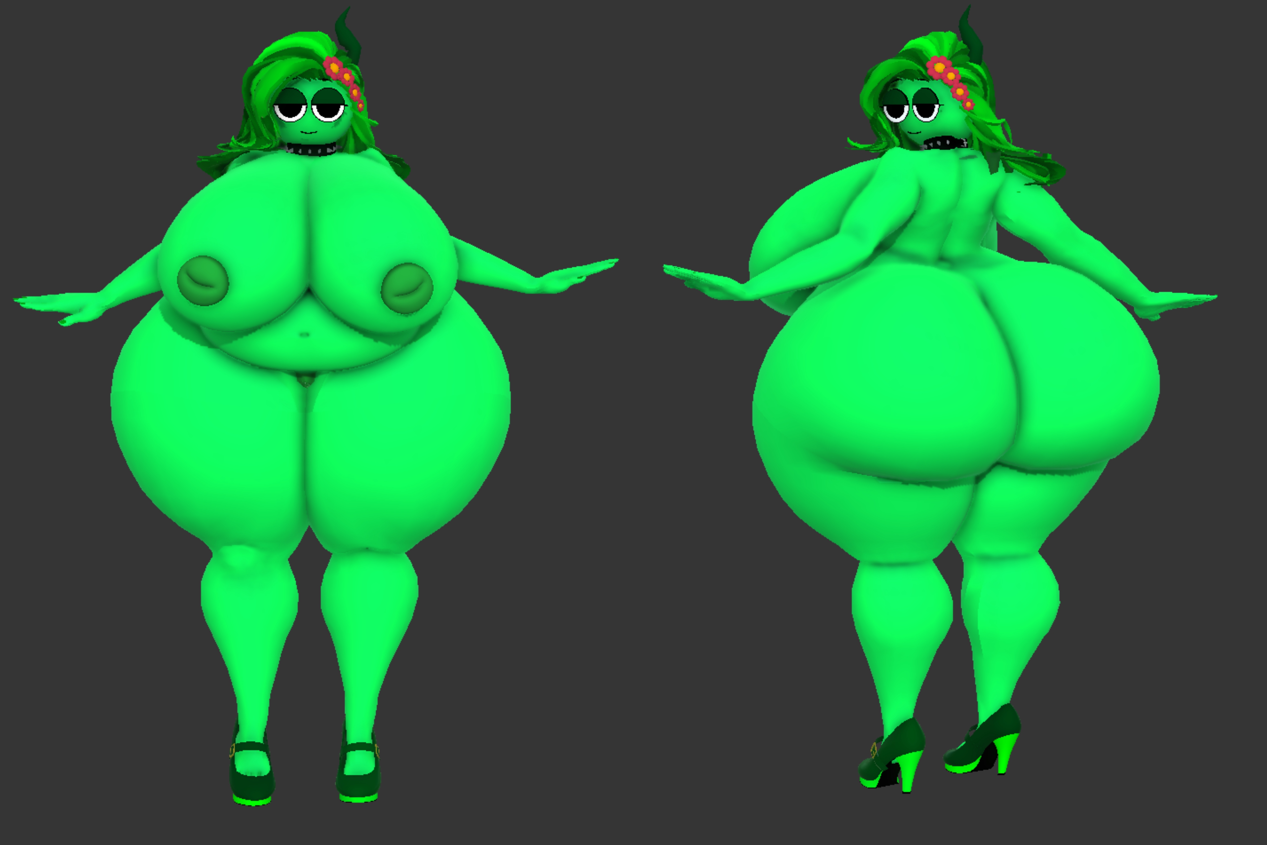 1girls, 3d, big ass, big breasts, big butt, cartoon, cartoony, chubby female, flower in hair, green hair, green skin, heels, rojo parasito, rojo84, sprunki, vineria (sprunki)