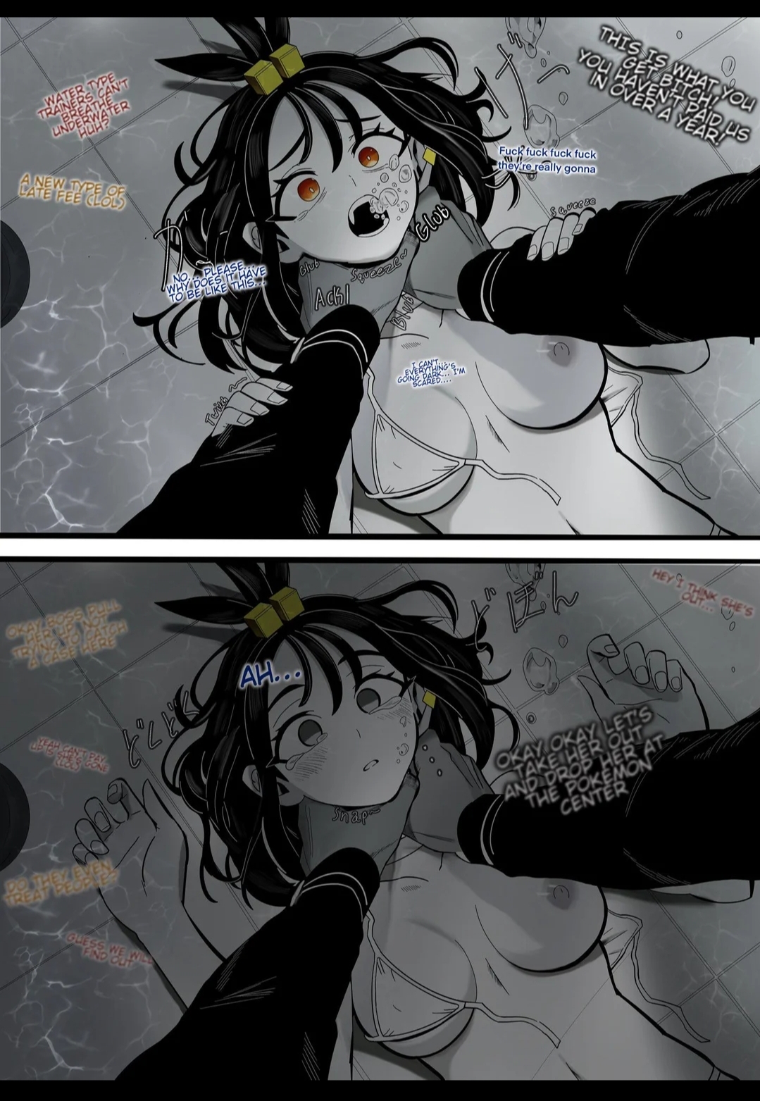 1girls, artist request, asphyxiation, begging for mercy, bikini, black hair, breasts, choking, death, defeated, dialogue, drowning, duro (pokemon), female, lida (pokemon), lifeless eyes, nipples, pokemon, pokemon legends: z-a, snuff, tagme, text