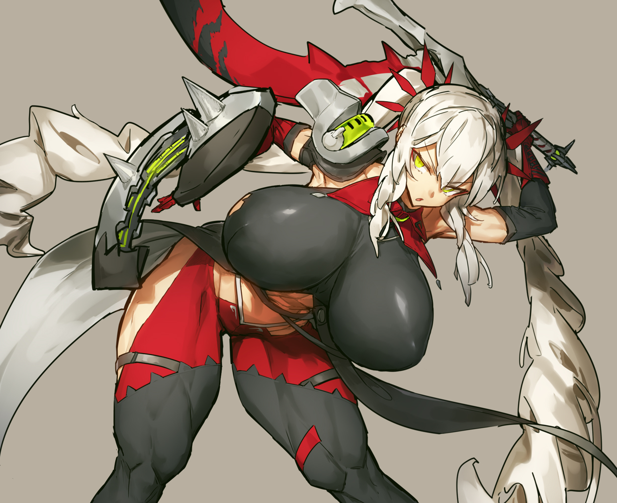 armor, bent over, big breasts, bouncing breasts, breasts, curvy, female, green eyes, huge breasts, melon22, muscular, muscular female, muscular thighs, original, sword, thick thighs, thighhighs, twintails, white hair, wide hips
