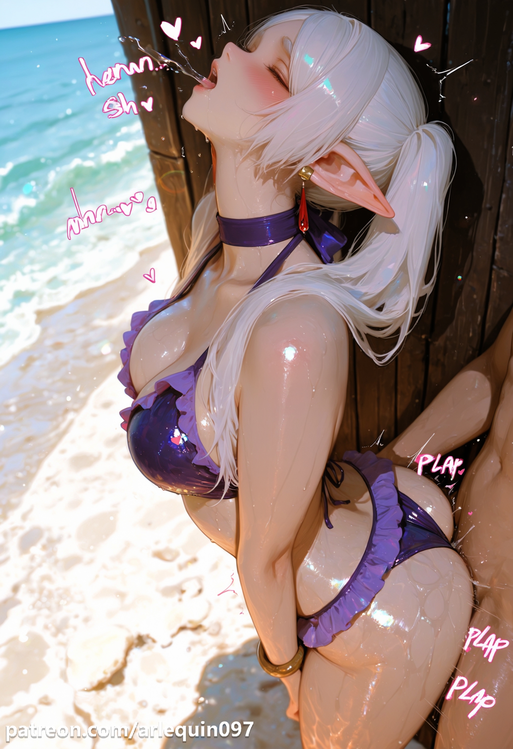 1boy, against wall, ai generated, arlequin097, ass, beach, bikini, blush, bracelet, breasts, choker, cleavage, closed eyes, clothed female nude male, clothed sex, day, earrings, elf, female, frieren, frieren beyond journey's end, frilled bikini, frills, from side, heart, jewelry, large breasts, lips, long hair, nude, ocean, open mouth, orgasm, outdoors, pointy ears, purple bikini, saliva, sex, sex from behind, shiny skin, solo focus, standing, standing sex, straight, sweat, swimsuit, twintails, water, wet, white hair