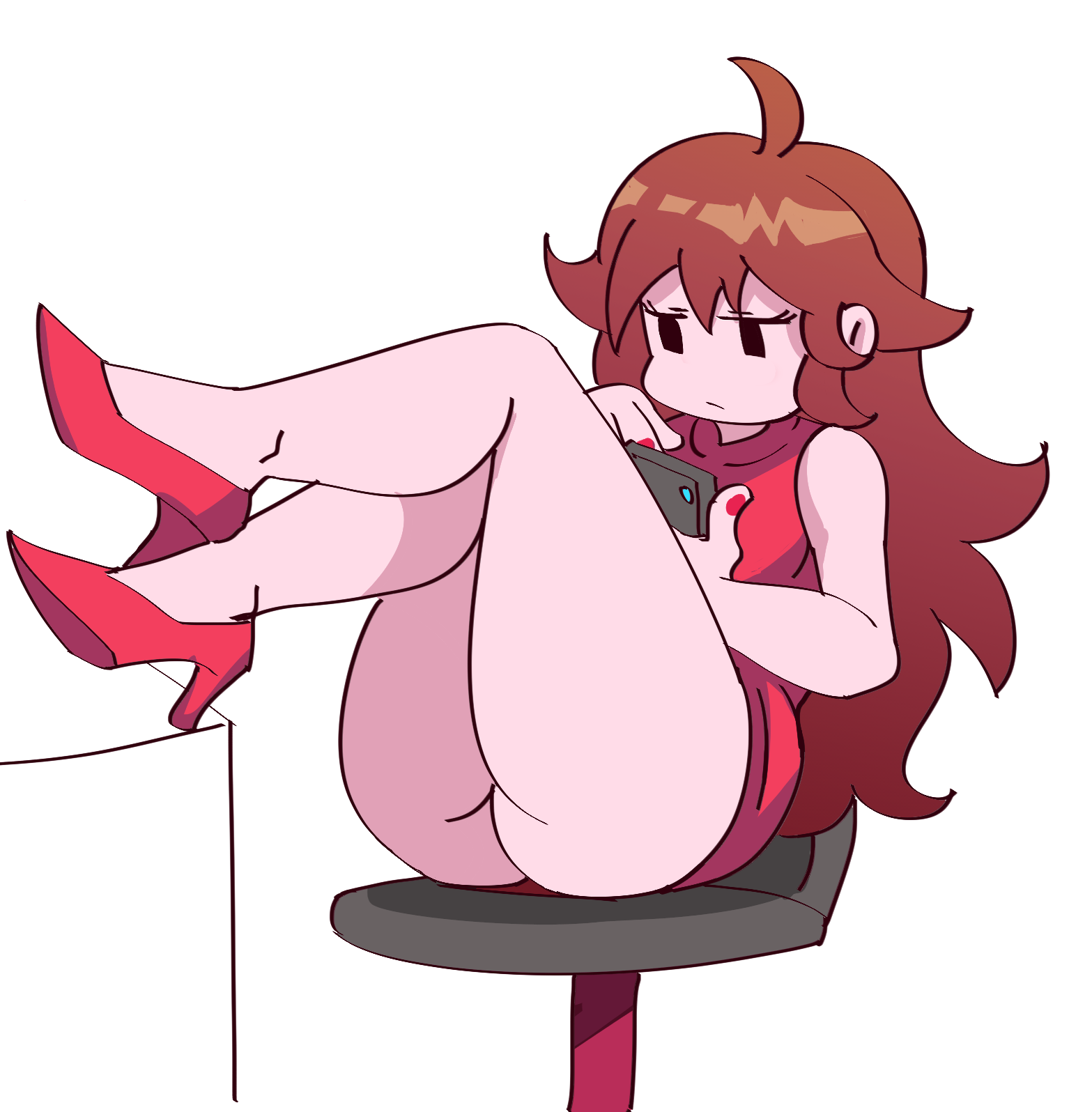 1girls, ass, big ass, brown hair, dress, female, friday night funkin, girlfriend (friday night funkin), high heels, long hair, phone, red nails, sitting, solo, thick thighs, upskirt, ytrall
