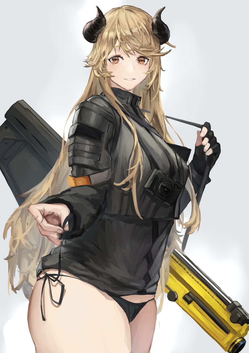 1girls arknights bare_thighs bikini_bottom blonde_hair bottomless brown_eyes female female_only fingerless_gloves horns kuroageha long_hair meteorite_(arknights) no_pants panties side-tie_panties solo string_panties thick_thighs thighs uniform weapon