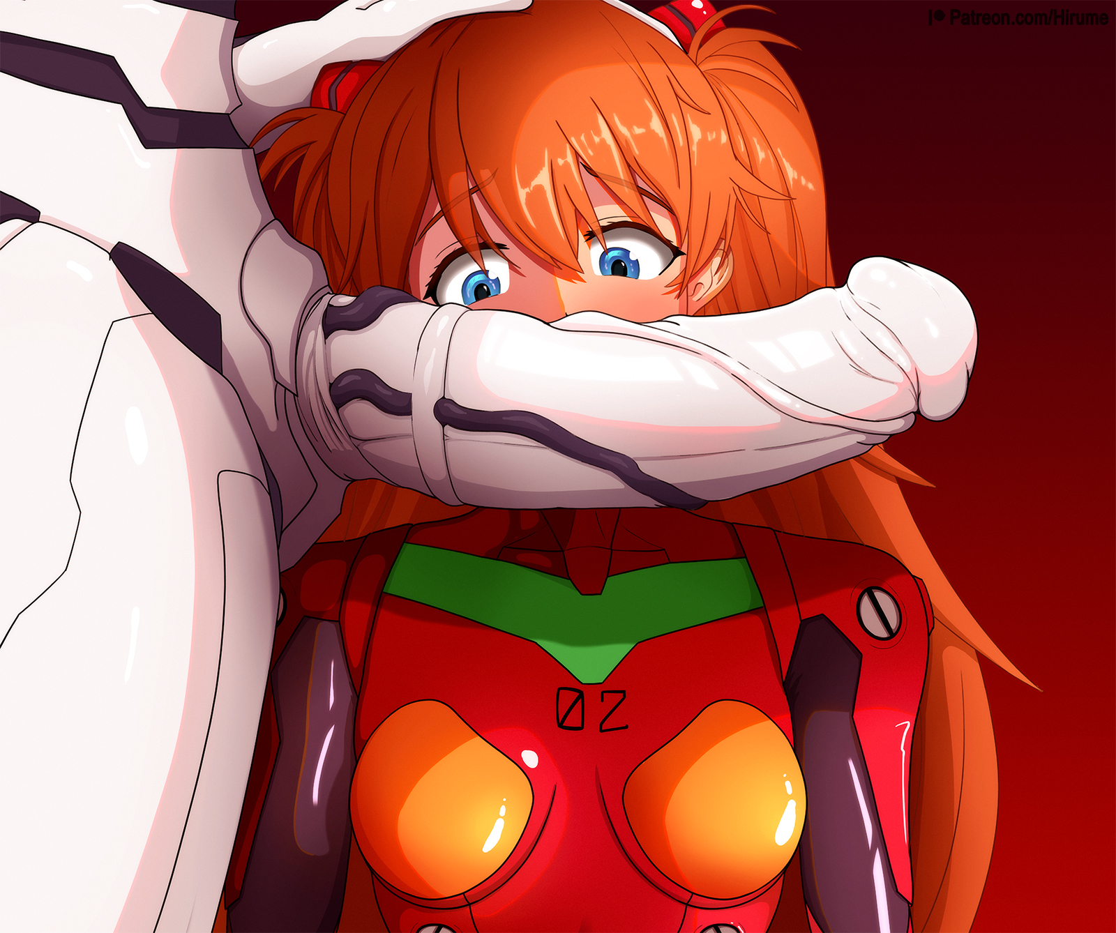 1boy, 1girls, asuka langley sohryu, big penis, blue eyes, blush, bodysuit, clothing, erection, eyes on the prize, female, female human, hair ornament, hairclip, hand on another's head, hand on head, highres, hirume, huge cock, human, long hair, lower body, male, mass production eva, monster, monster boy, neon genesis evangelion, orange hair, penis, penis awe, penis in face, plugsuit, uncensored, upper body, veins, veiny penis, white penis, white skin