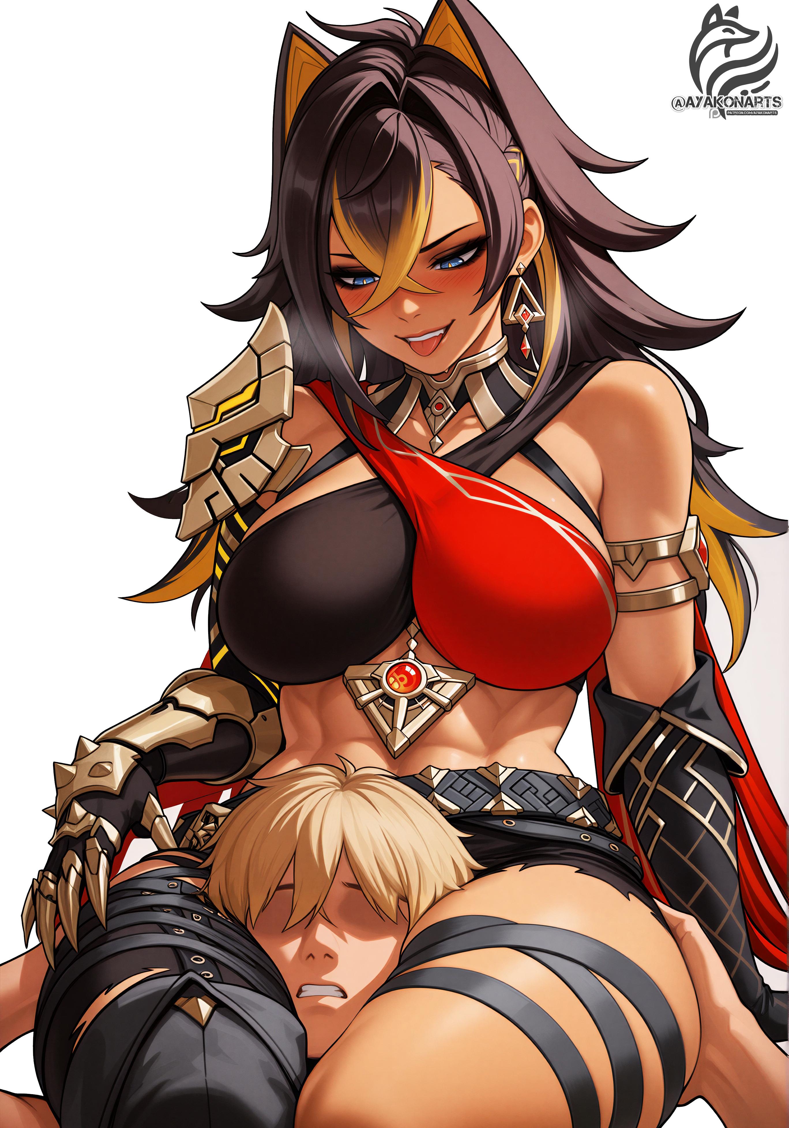 1boy, 1girl, ai assisted, ai generated, ayakonarts, blonde hair, blue eyes, dehya, dehya (genshin impact), femdom, genshin impact, head between thighs, hetero, tongue, tongue out