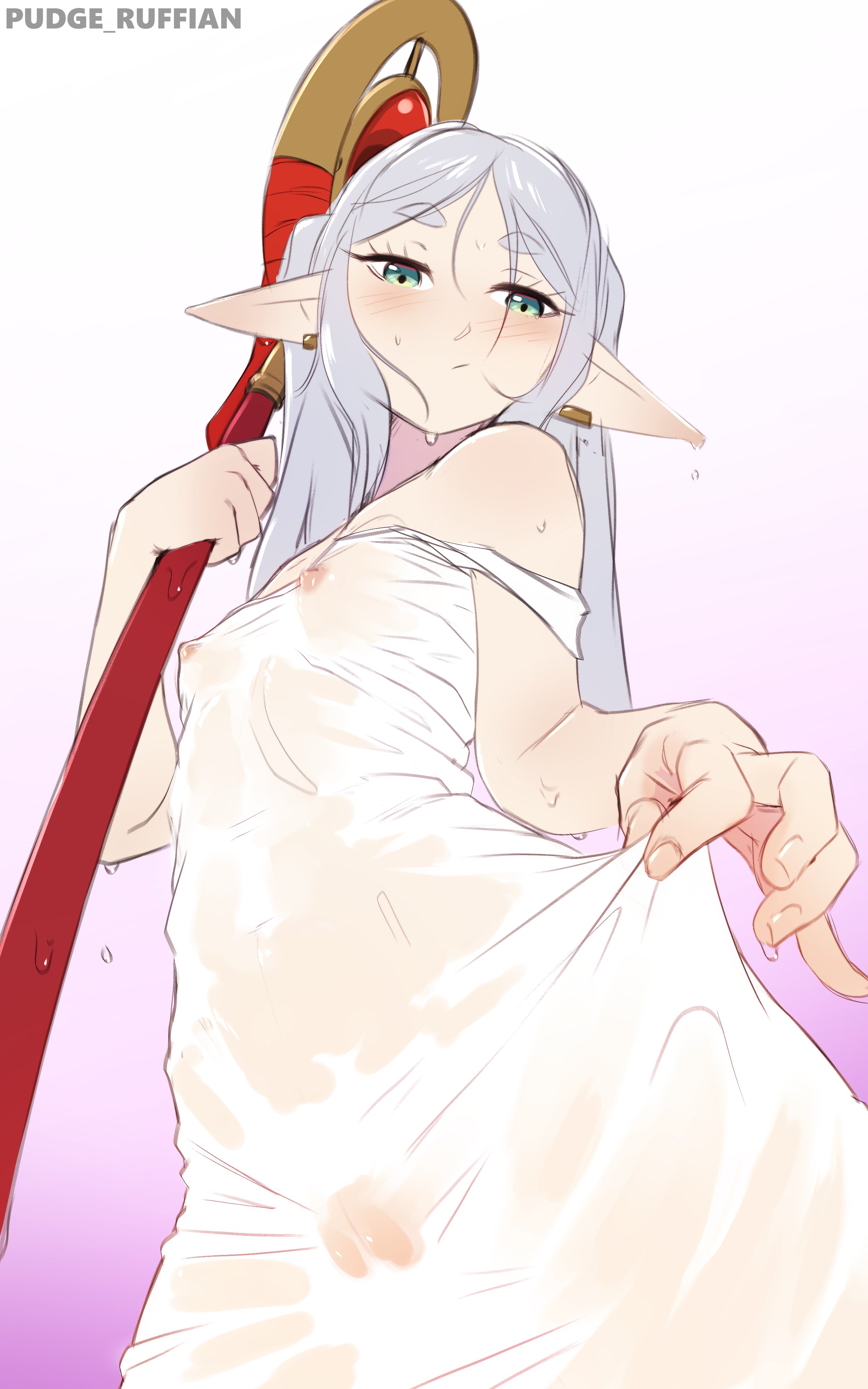 elf, elf ears, elf female, elf girl, frieren, frieren beyond journey's end, nipples, pudgeruffian, sousou no frieren, tagme, wet clothes