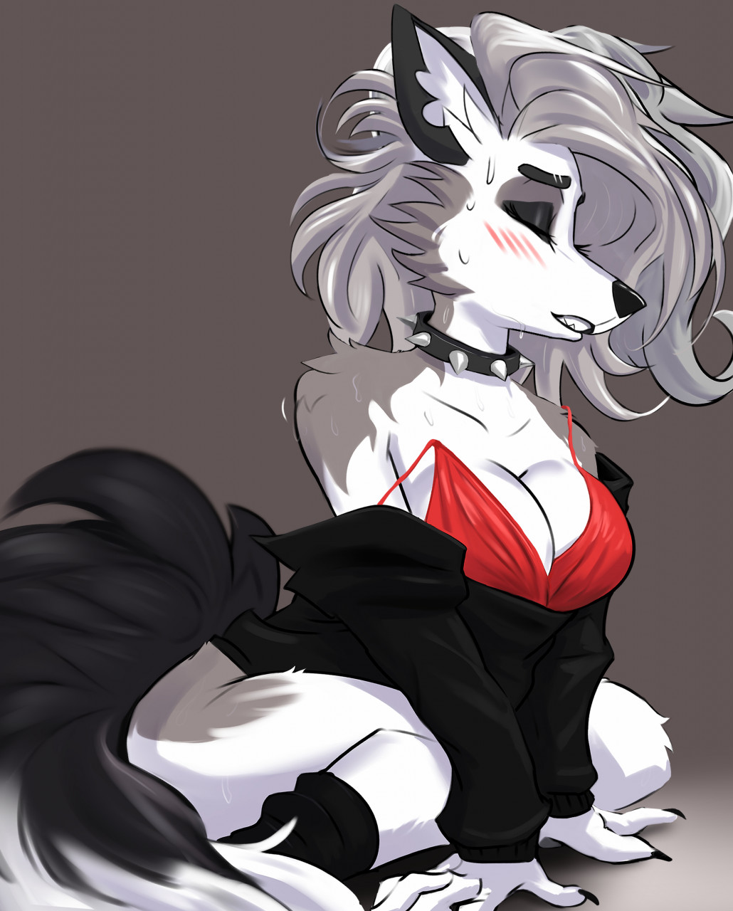 1girls anthro blush bodily_fluids bra breasts canid canid_demon closed_eyes clothed clothing collar demon eyelashes female grey_body grey_fur grey_hair hellhound helluva_boss jesterwing long_hair loona_(helluva_boss) multicolored_body multicolored_fur notched_ear sharp_teeth spiked_collar spikes sweat teeth vivienne_medrano