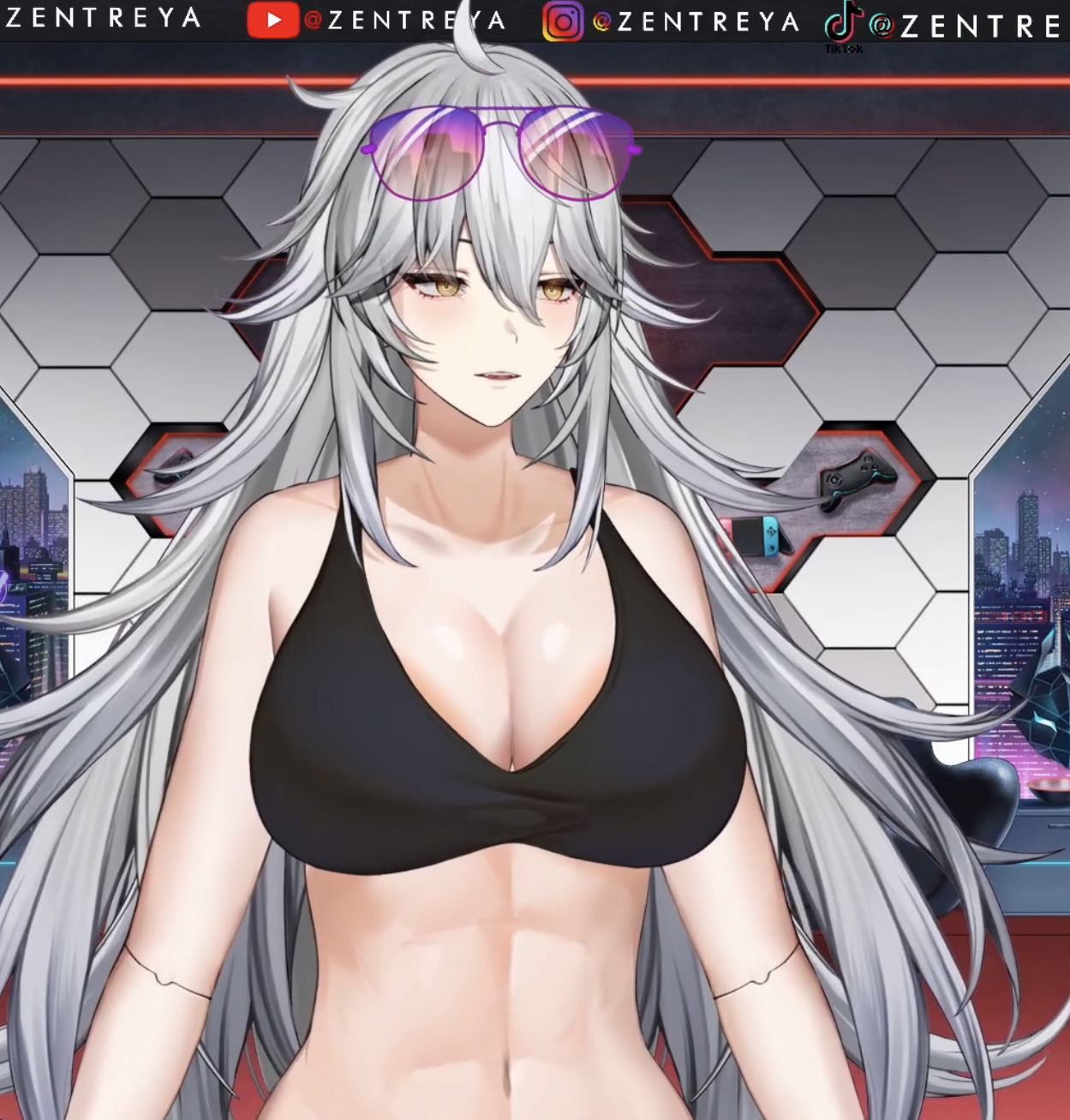 1girls, bikini, bra, breasts, cleavage, female, light skin, light-skinned female, pale skin, pale-skinned female, screenshot, virtual youtuber, vshojo, zentreya, zentreya (cyborg), zentreya (cyborg) (zen 2.0)