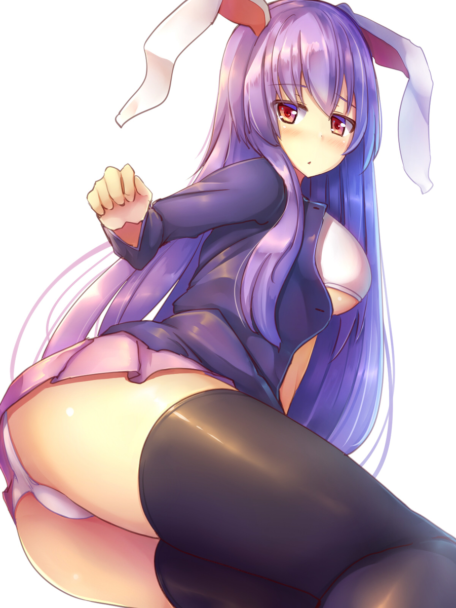 1girls :o animal_ears ass blush bra breasts bunny_ears bunny_girl cameltoe clothed clothed_female clothes cum_on_clothes eyebrows_visible_through_hair female female_only kemonomimi large_breasts liya long_hair looking_at_viewer looking_back lying miniskirt navel on_side open_clothes open_shirt panties purple_hair red_eyes reisen_udongein_inaba skirt skirt_lift thighhighs touhou underboob underwear upskirt very_long_hair white_background white_panties