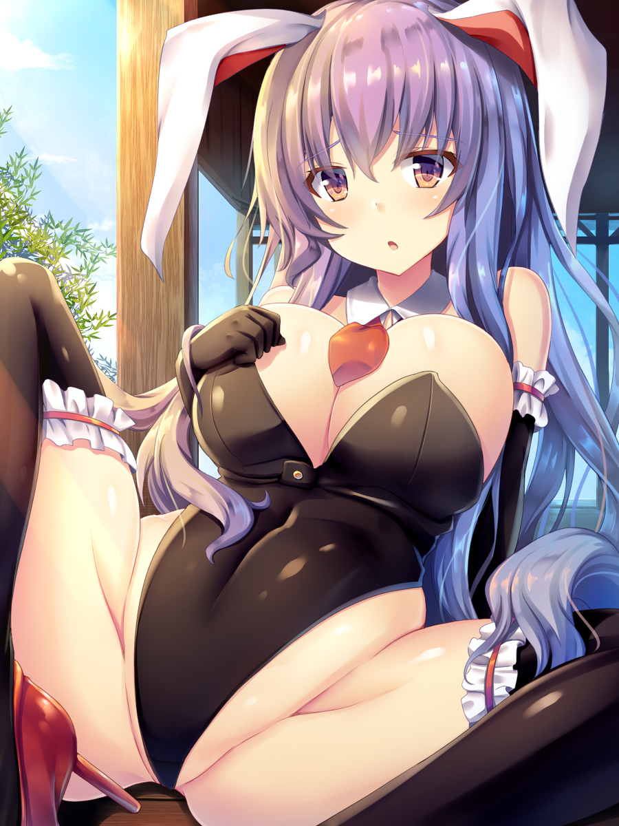 1girls :o animal_ears blush breasts bunny_ears bunny_girl bunnysuit clothed_female covered_navel eyebrows_visible_through_hair female female_only high_heels kemonomimi large_breasts liya long_hair looking_at_viewer necktie outdoors outside purple_eyes purple_hair reisen_udongein_inaba shiny_skin sitting spread_legs thighhighs thighs tie touhou very_long_hair