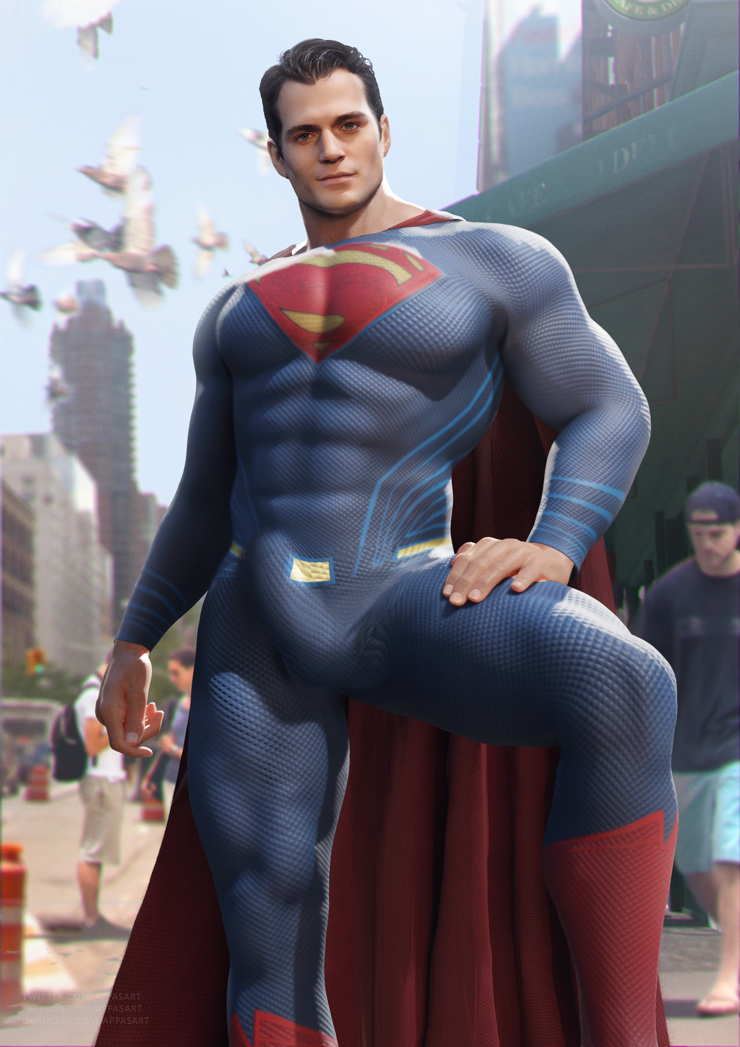 1boy, 3d, abs, abs visible through clothing, actor, appasart, big penis, black hair, bulge, celebrity, clark kent, dark hair, dc, dc comics, erection, erection under clothes, henry cavill, in character, kal-el, male, male only, muscular, outdoors, penis, public, realistic, skin tight, solo, spandex, superhero, superman, superman (clark kent), superman (series), tight clothing, white male