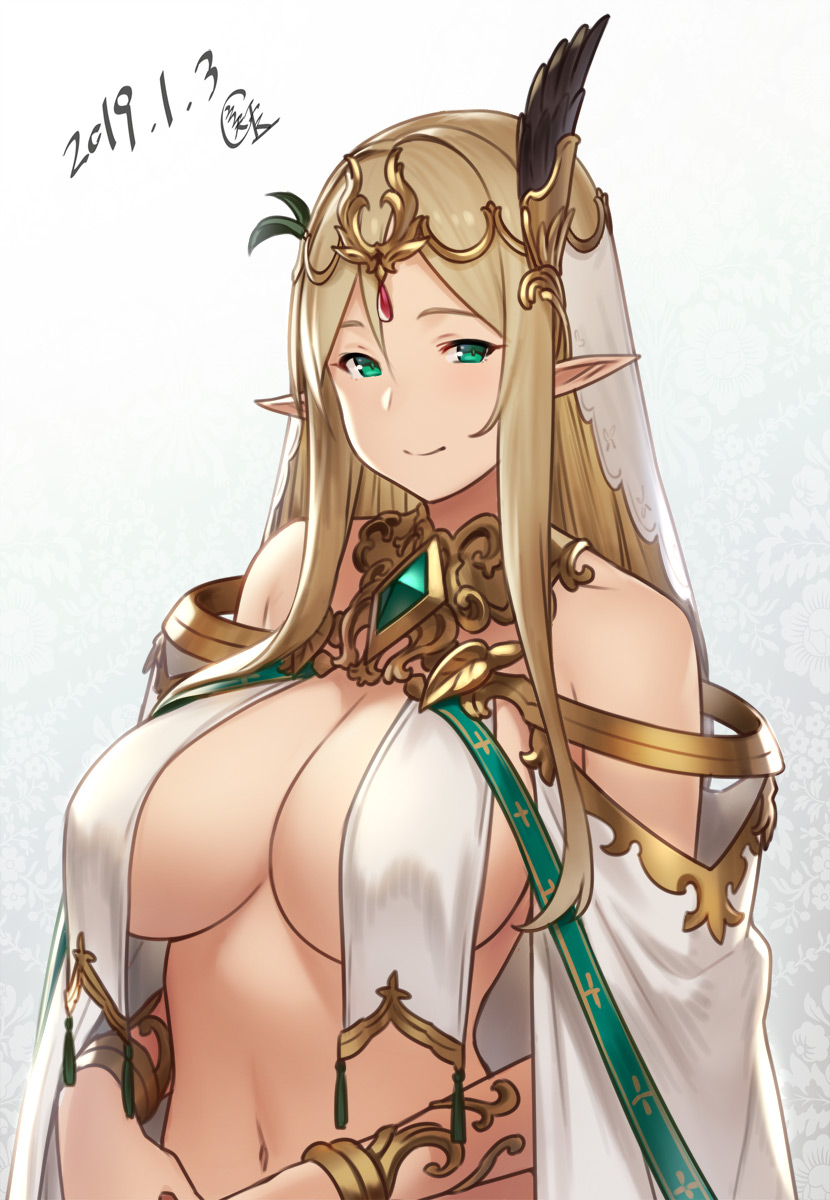 abstract_background bare_shoulders blonde_hair bracelet breast_curtains breasts cleavage commentary_request dated elf female forehead_jewel green_eyes green_ribbons hair_ornament highres houtengeki houtengeki's_elf_girl jewelry large_breasts lily_(houtengeki) long_hair looking_at_viewer navel original pointy_ears revealing_clothes ribbon sideboob sidelocks smile solo tassel underboob upper_body veil