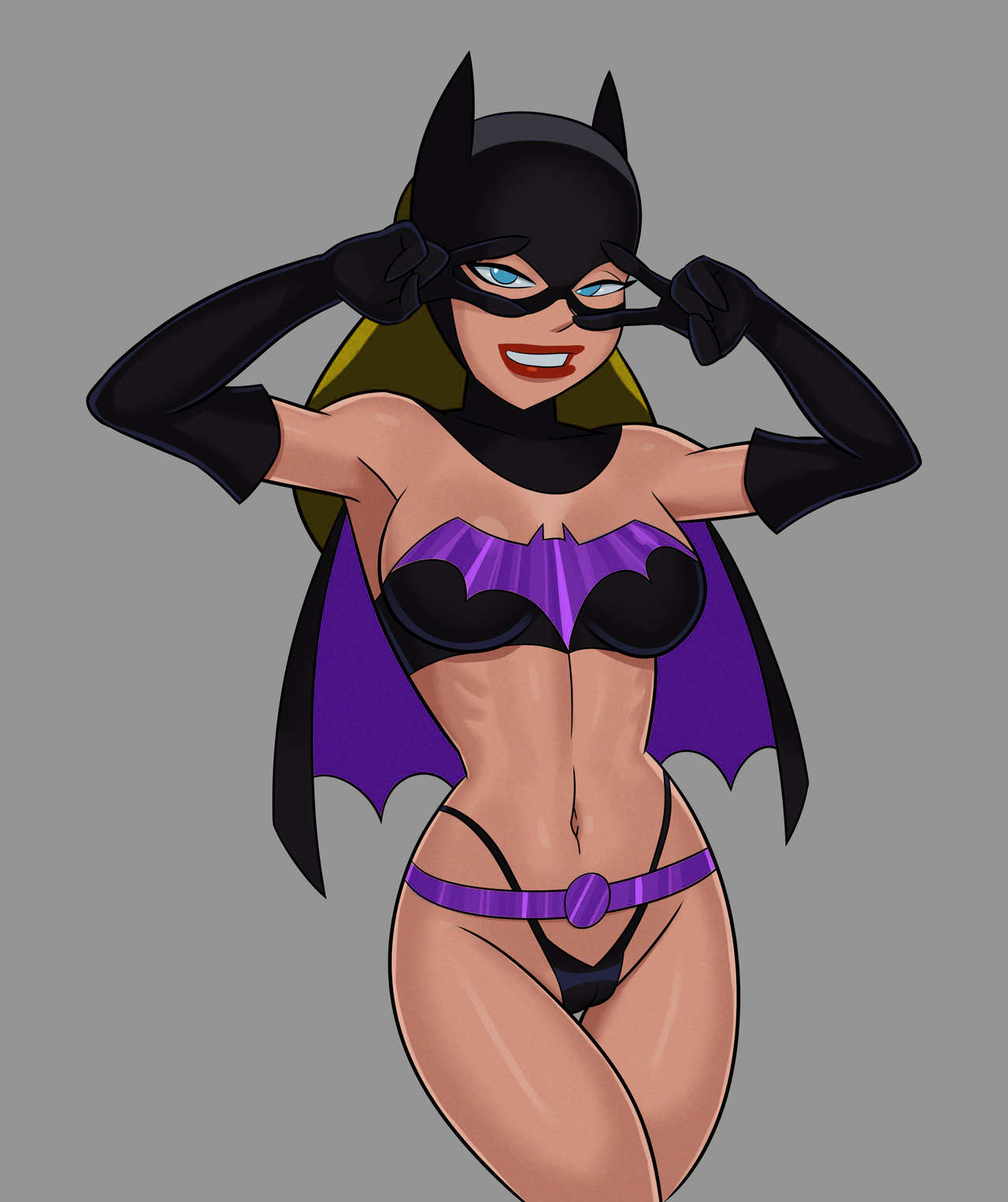 1girls, batgirl, batgirl (stephanie brown), batman (series), batman: the animated series, batusi, big breasts, blue eyes, breasts, cameltoe, cape, clothed, dancing, dc, dc comics, dcau, edit, female, large breasts, looking at viewer, mask, panties, pussy, skimpy, solo, something unlimited, stephanie brown, sunsetriders7, thong, wide hips