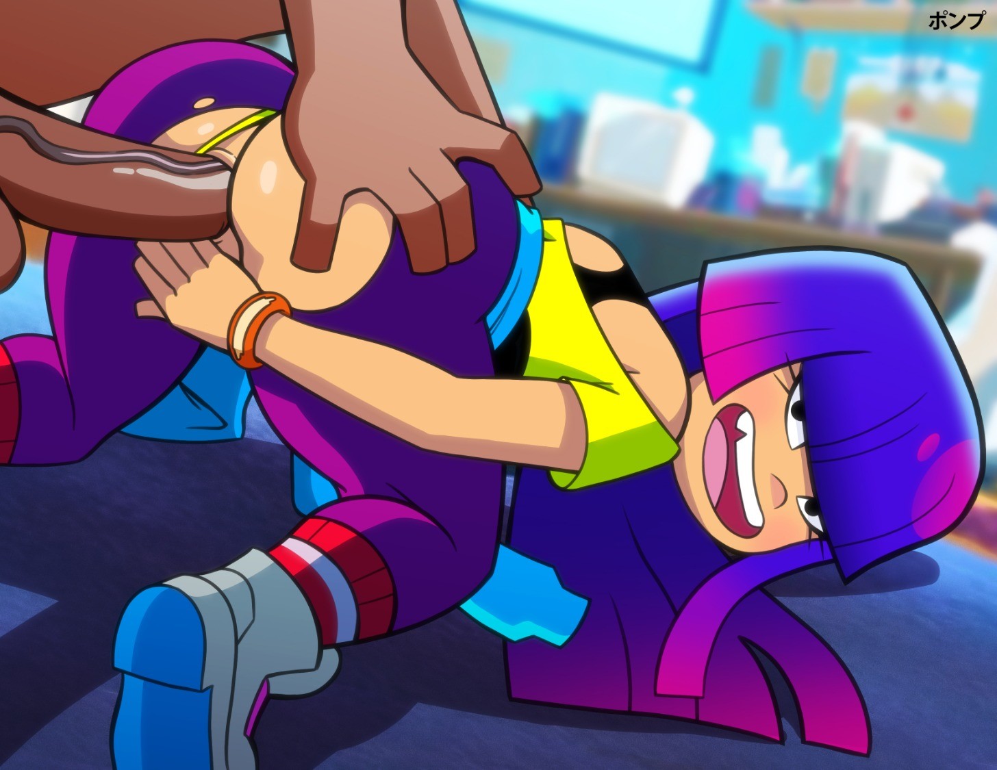 1boy, 1girls, anal, anal only, anal penetration, anus, ass, bare shoulders, bubble ass, bubble butt, covering pussy, dark skin, dark-skinned male, doggy style, female, female focus, from behind, from behind position, g-string, g-string aside, glitch techs, long hair, male, miko kubota, nickelodeon, no eyewear, pantyhose, partial male, penis, ponpu (artist), pumpkinsinclair, purple hair, pussy, rear view, sex, smooth skin, straight, tagme, tank top, torn pantyhose, wide hips