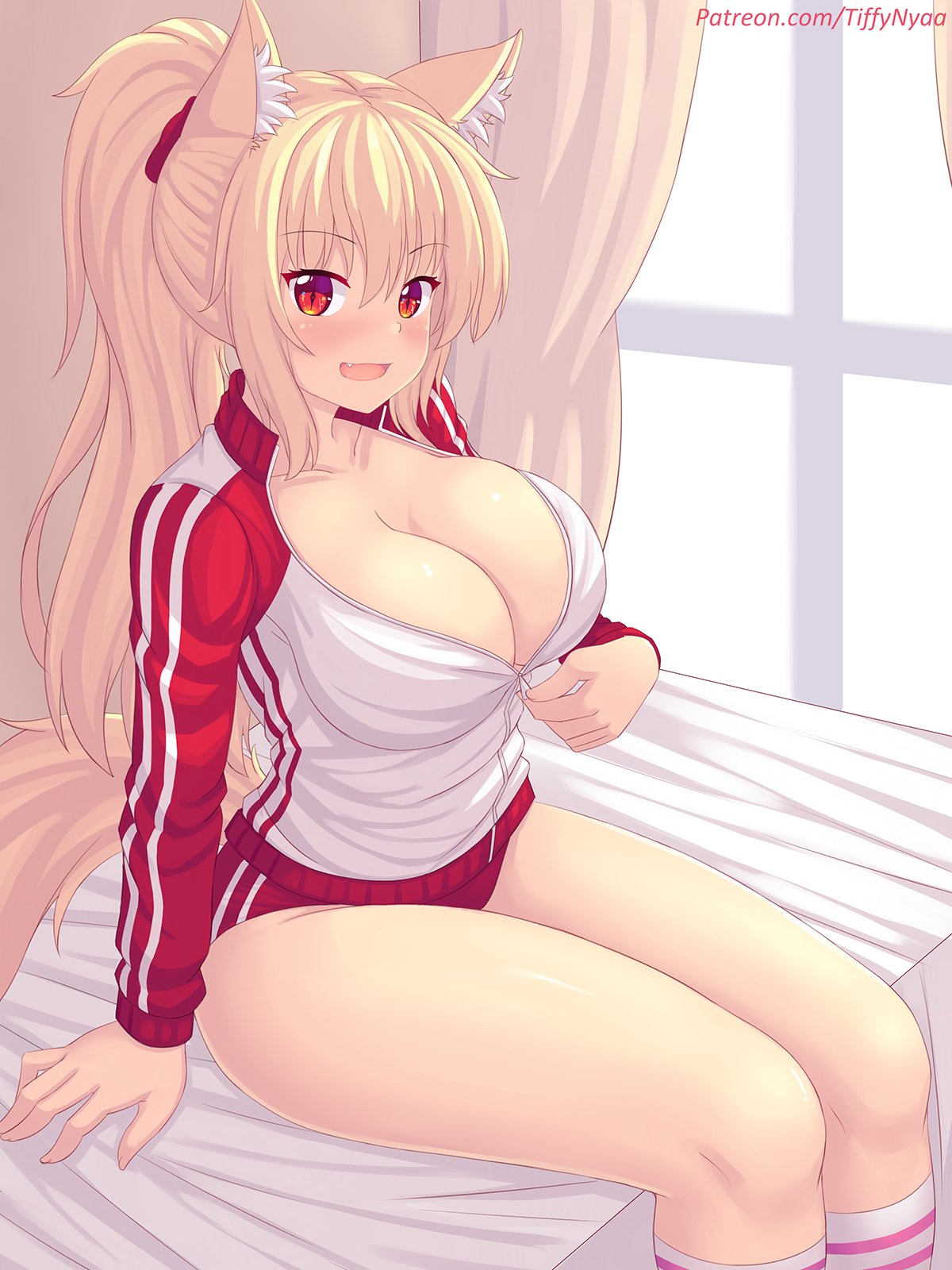 1girls, animal ears, animal tail, blonde hair, blush, bra, breasts, buruma, cleavage, clothed, clothed female, clothes, collarbone, eyebrows visible through hair, fang, female, female only, fox ears, fox girl, fox tail, indoors, jacket, kemonomimi, kneehighs, large breasts, legwear, looking at viewer, original, ponytail, red eyes, red shorts, saliva, short shorts, shorts, sitting, slim waist, sportswear, striped legwear, striped thighhighs, tagme, tail, thick thighs, thighs, tiffy, tiffynyaa