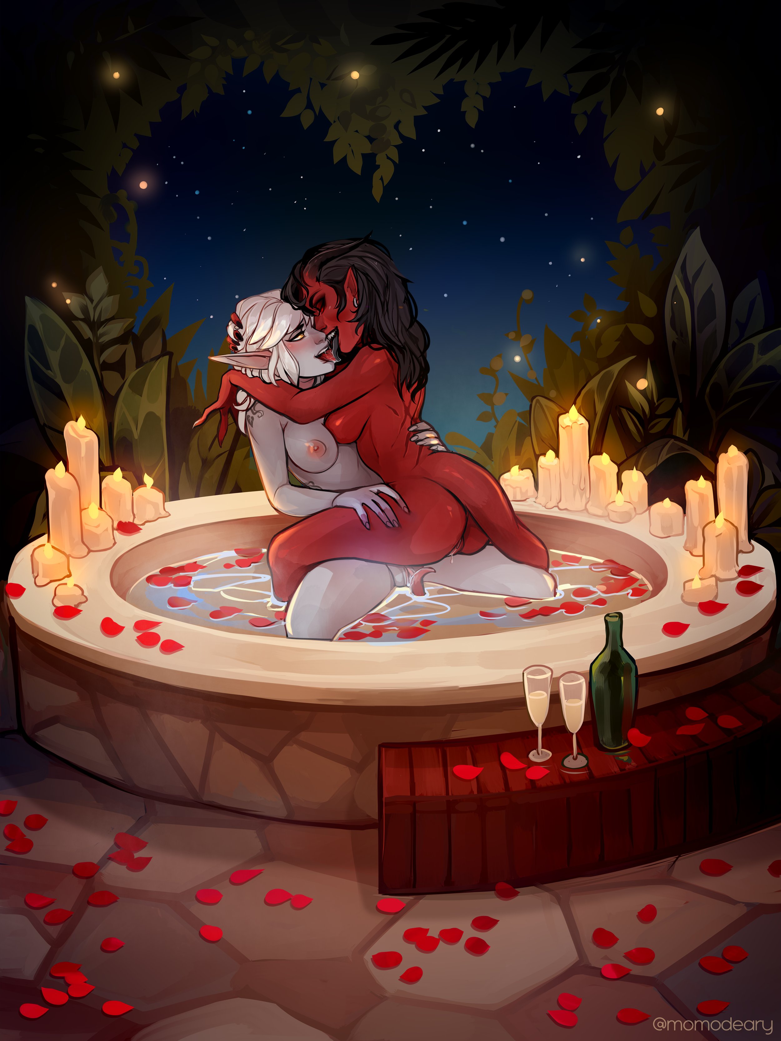 2girls, areolae, artist name, bath, bottle, candle, candles, champagne glass, demon, demon girl, dungeons and dragons, elf ears, female, female only, flower petals, grey skin, horns, momodeary, multiple females, multiple girls, night, night sky, pointy ears, pussy, red eyes, red skin, sitting on lap, tiefling, tongue, tongue kiss, water, yuri