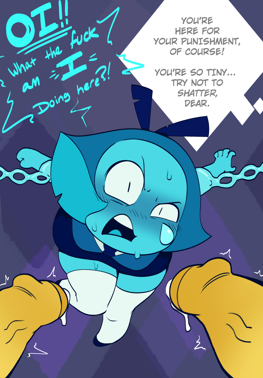 1girls, 2futas, aquamarine (steven universe), bdsm, big penis, blue background, blue eyes, blue hair, blue skin, bondage, cartoon network, chained, chained up, chains, cum, dezz, dialogue, english text, female, female focus, futadom, futanari, gem (species), high socks, imminent rape, intersex, male, male focus, penis, penis out, precum, rape, steven universe, thighhighs, tied, tied up, topaz (steven universe), twitching, twitching penis, white diamond (steven universe)
