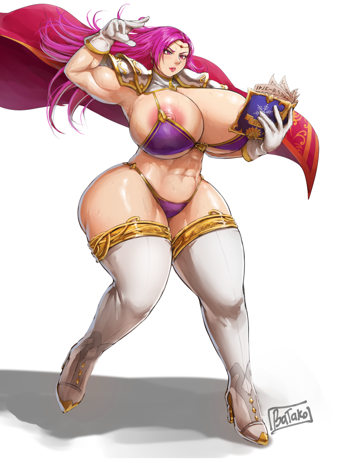 1girls, abs, bare thighs, batako, big breasts, bikini, book, boots, breasts, brunnya (fire emblem), cape, female, fire emblem, fire emblem: the binding blade, huge breasts, large breasts, long hair, muscular, muscular female, nintendo, purple bikini, purple eyes, purple hair, sideboob, solo, solo female, thick thighs, underboob, violet eyes, violet hair, voluptuous, wide hips