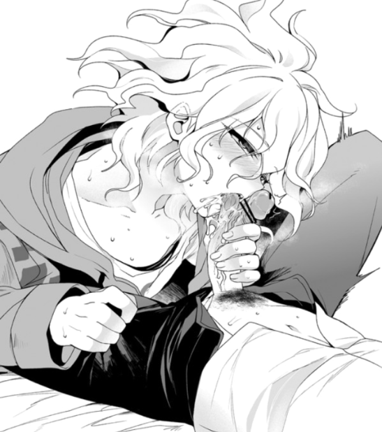 2boys, ambiguous gender, belly button, blush, clothes, clothing, cum, cum in mouth, danganronpa, danganronpa 2: goodbye despair, hairy, hands on legs, licking, licking penis, looking at another, male, male focus, male on male, male only, medium hair, monochrome, nagito komaeda, on bed, open mouth, penis, pubic hair, shirt, side view, straight hair, sweatdrop, sweater, sweating, tongue, tongue out, unbuttoned, veiny penis, yaoi