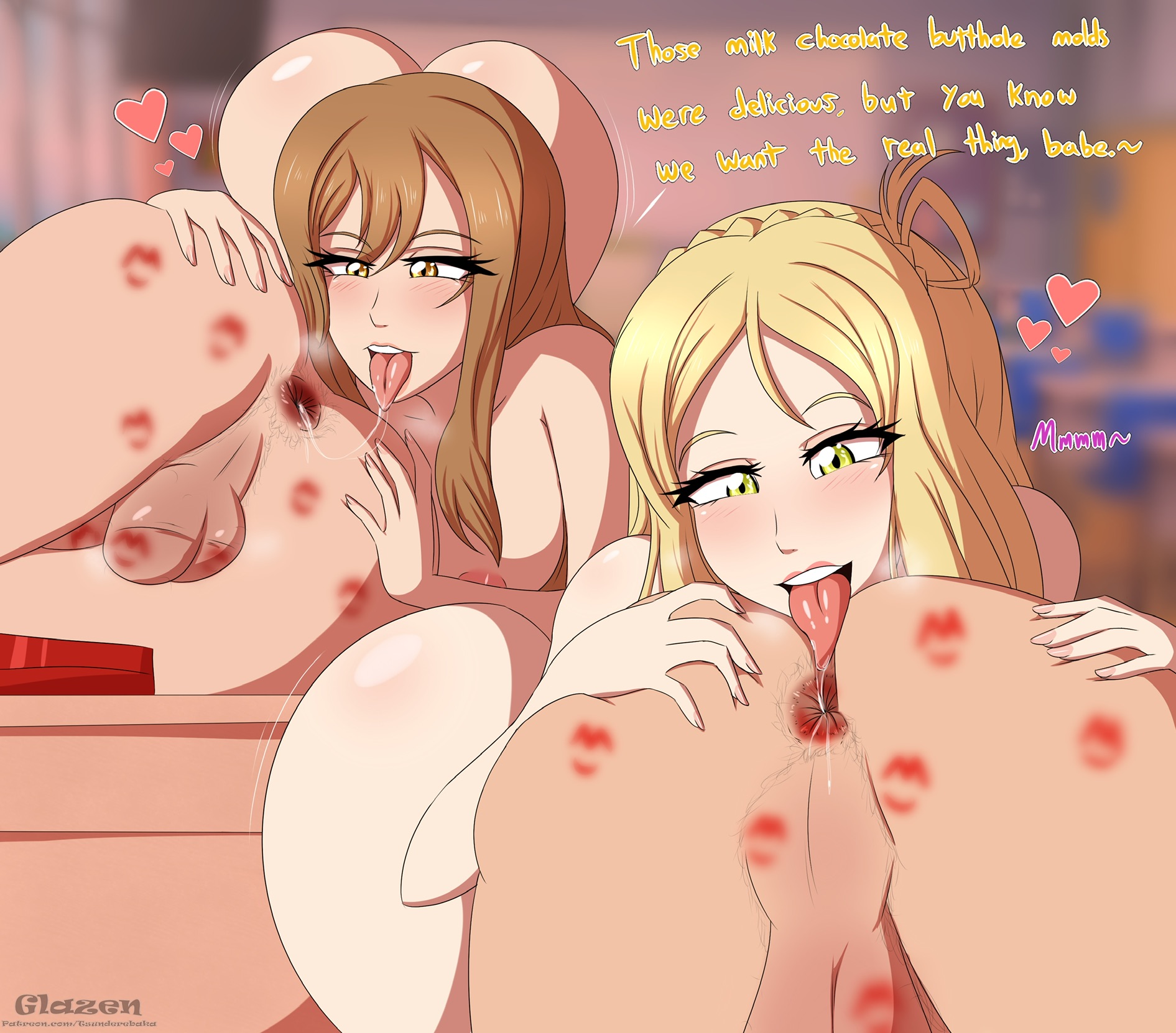 2boys, 2girls, anal, ass, blonde hair, brown eyes, brown hair, completely nude, english text, female, female rimming male, glazinbuns, hairy anus, hands on ass, kiss marks, kunikida hanamaru, love live!, love live! sunshine!!, male, male anilingus, motion lines, nude, ohara mari, orgy, rimjob, rimming, shaking ass, shaking butt, spread anus, spread ass, tongue, tongue in anus, tongue out, unseen male face, yellow eyes
