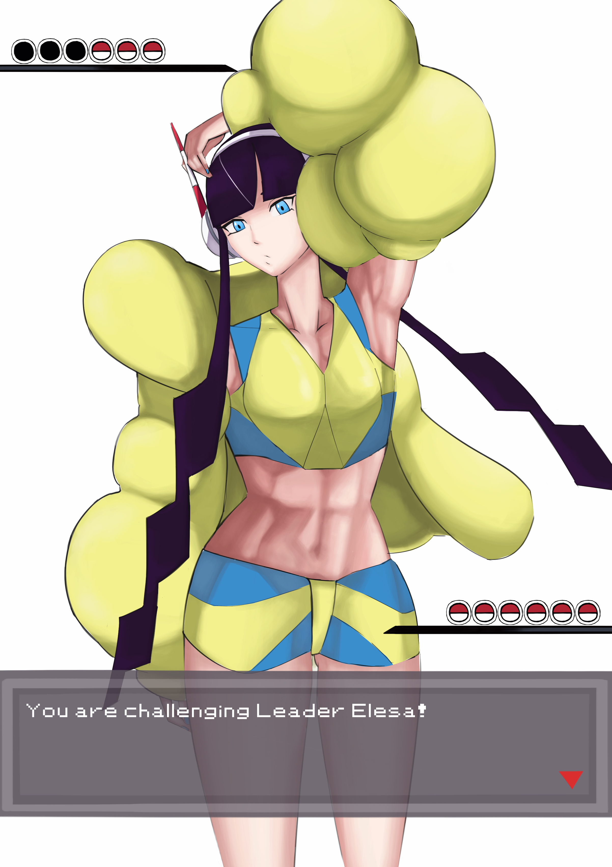 1girls, abs, armpits, blue eyes, braided hair, dark hair, elesa (pokemon bw2), elesa (pokemon), english text, female, femdom, gameplay mechanics, gym leader, headphones, lolicaust, midriff, muscular, muscular female, no eyewear, pokemon, pokemon battle, pokemon bw, pokemon bw2, pov, pov eye contact, solo, text, text box