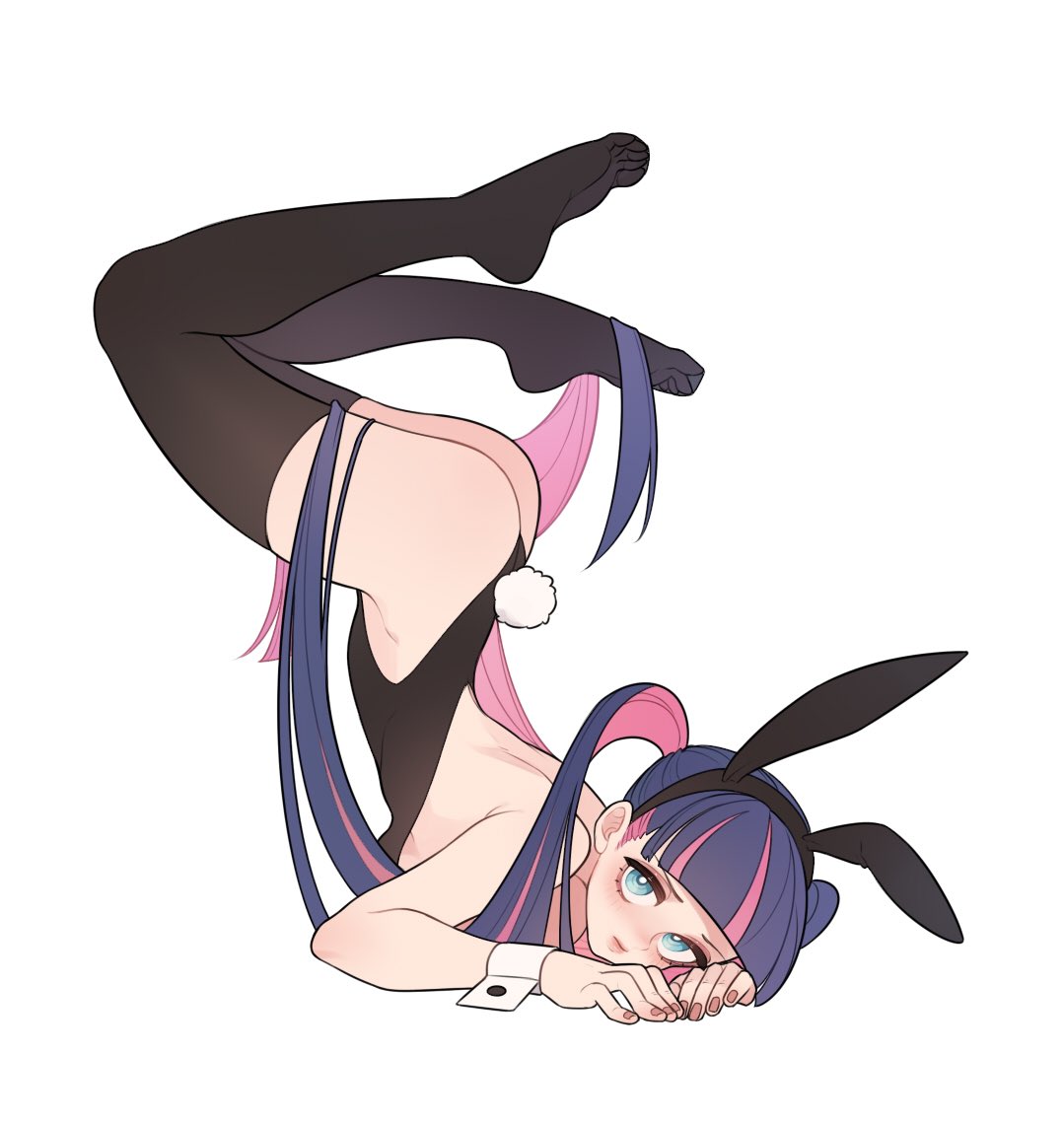 1girls, bangs, barefoot, beijun north, black thighhighs, blue eyes, blue hair, blunt bangs, bunny ears, bunny girl, bunny tail, bunnysuit, female, female only, long hair, looking at viewer, panty & stocking with garterbelt, pink hair, solo, solo female, stocking anarchy, thighhighs, two-tone hair, upside-down, white background, wrist cuffs