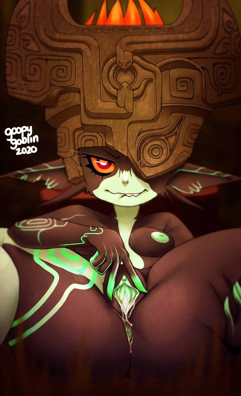1girls, 2020, areolae, biting lip, black body, body markings, breasts, clitoris, cum, cum in pussy, cum inside, female, female only, garbage gobblin, helmet, hi res, holding thigh, imp, imp midna, legs spread, long ears, looking at viewer, midna, nintendo, nipples, nude, nude female, one eye covered, pointy ears, pussy, red eyes, red hair, sitting, small breasts, solo, solo female, solo focus, spread pussy, the legend of zelda, twilight princess, two-tone body, white body, yellow sclera