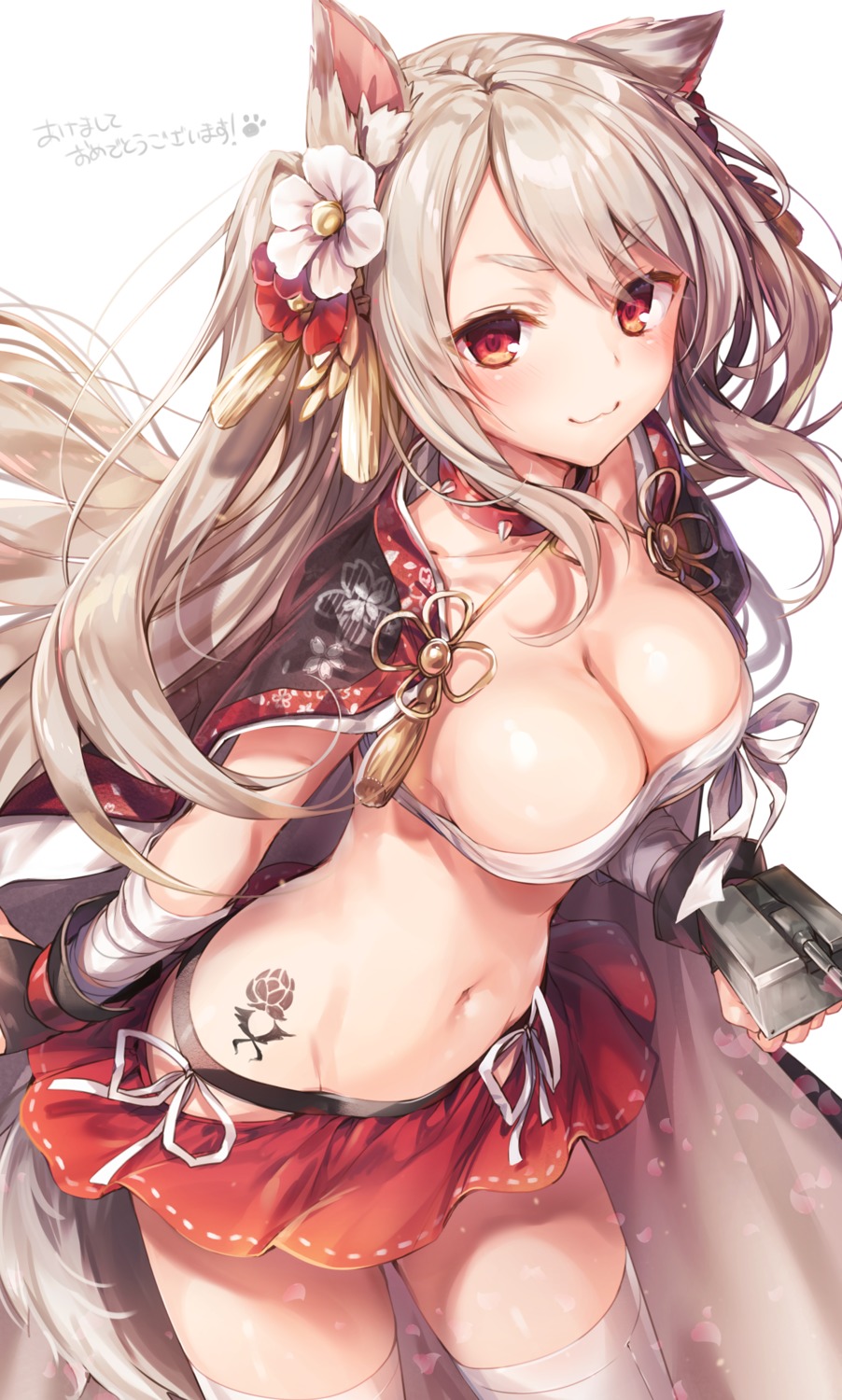 :3, animal ears, azur lane, bandages, blonde hair, breasts, cleavage, female, hair flower, inumimi, komeshiro kasu, midriff, navel, pantsu, red eyes, red skirt, sarashi, skirt, string panties, tail, tattoo, thighhighs, yuudachi (azur lane)