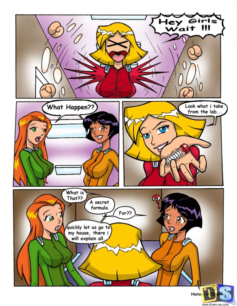 3girls alex_(totally_spies) bodysuit broken_english clover_(totally_spies) comic drawn-sex.com english_text female female_only multiple_girls sam_(totally_spies) speech_bubble text totally_spies ujinko