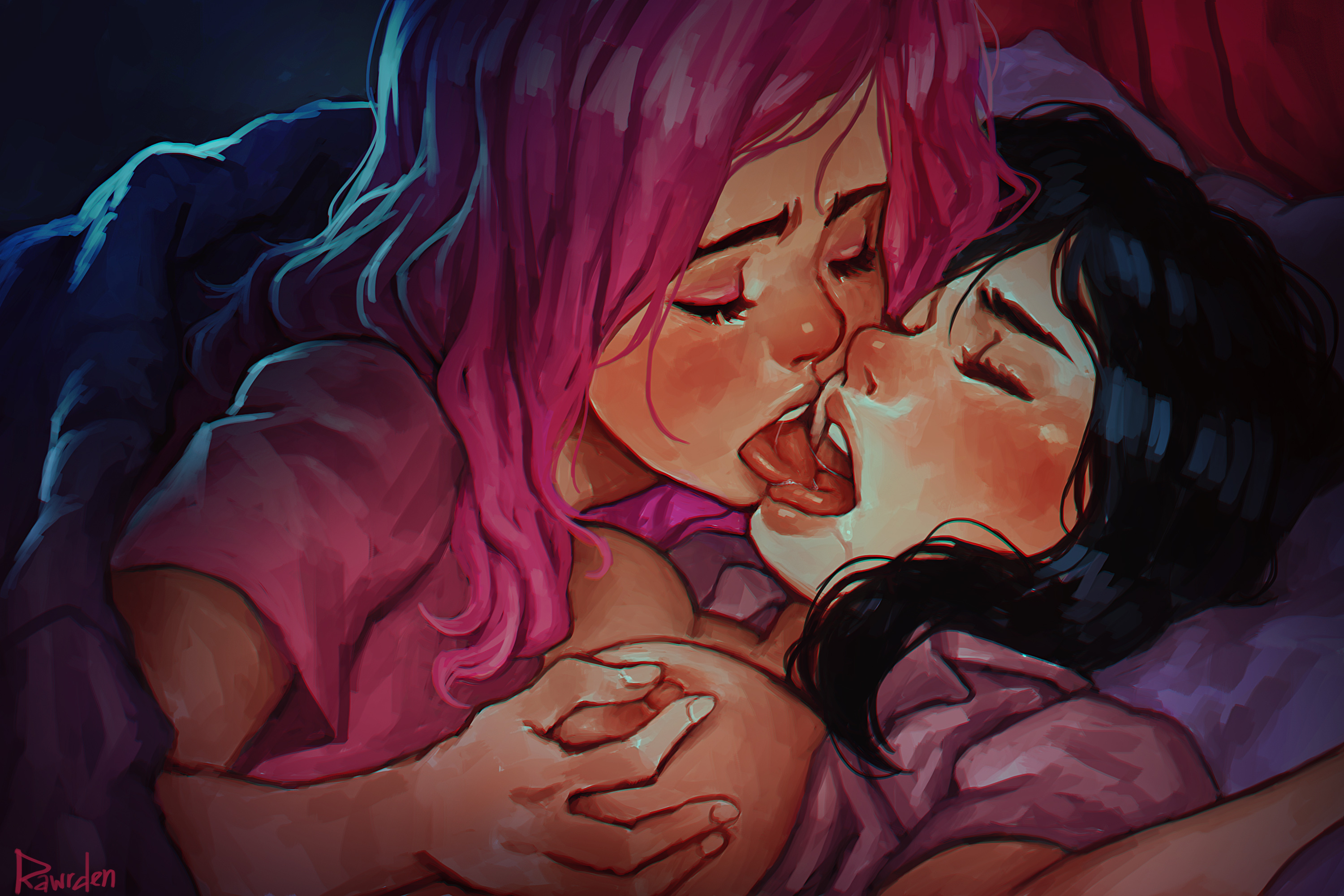 2girls, areolae, breast grab, breasts, female, female only, french kiss, kissing, multiple females, multiple girls, nipples, open mouth, rawrden, tongue, tongue out, yuri