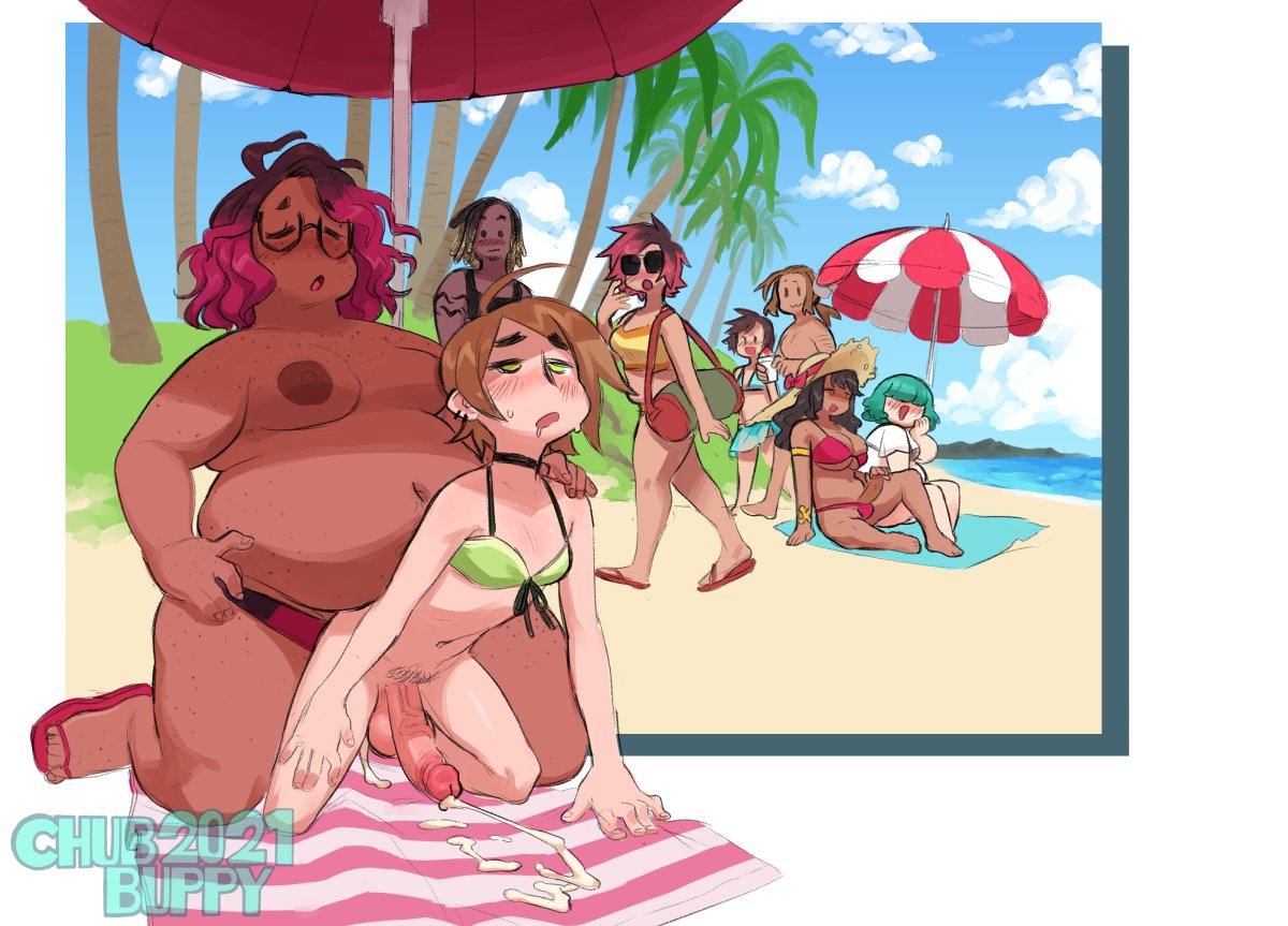 beach being_watched bikini breasts brown_hair casual chubbuppy chubby cum cum_inside cum_while_penetrated ear_piercing exhibitionism fat feet female freckles glasses green_eyes interracial large_areolae nude_beach obese orgasm orgasm_face original original_character penis public_sex purple_hair sandals shoripurin